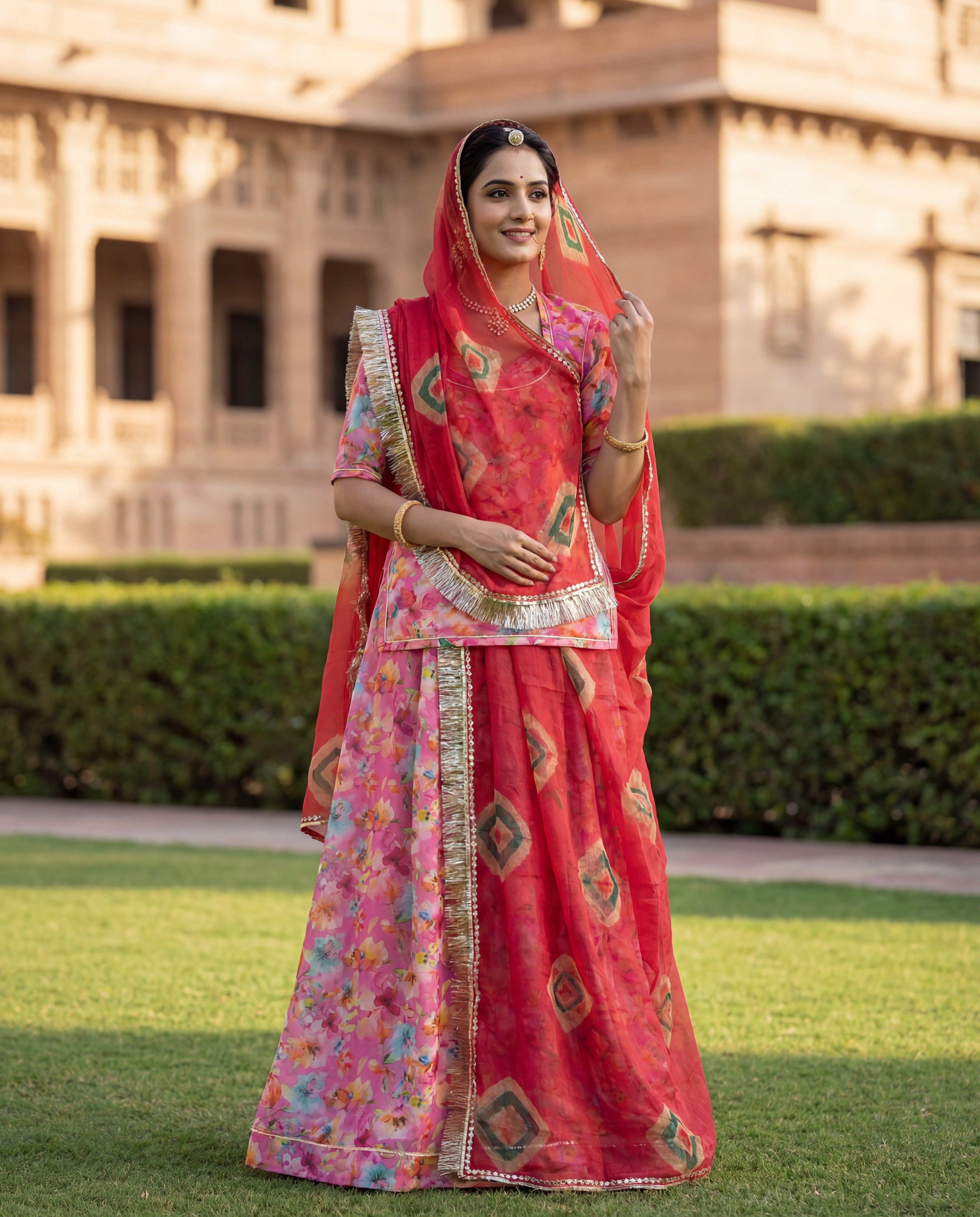'Gulaabo' - Vibrant Pink Watercolor Floral Rajputi Suit Set + Deep Red Tie-Dye Odhani