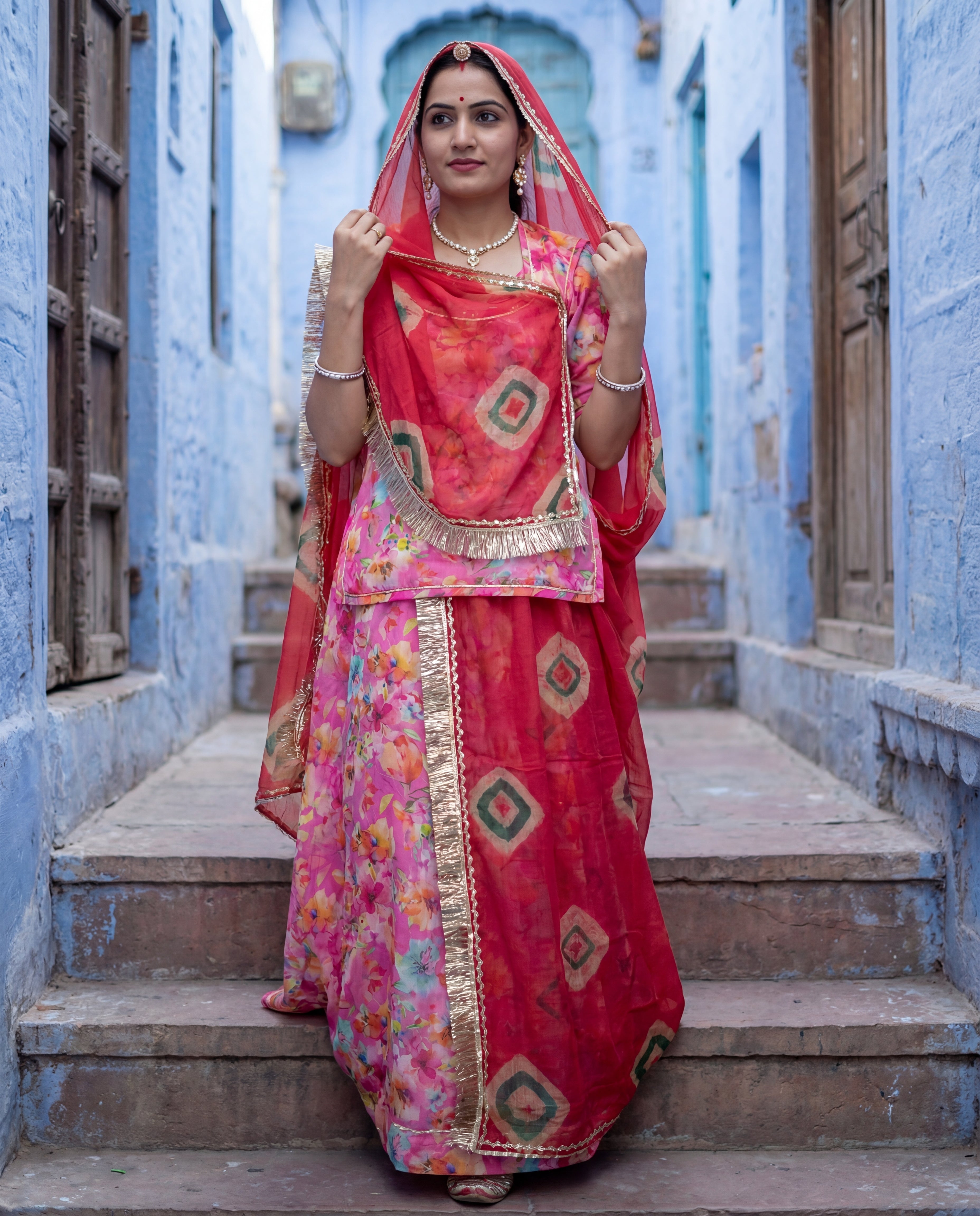 'Gulaabo' - Vibrant Pink Watercolor Floral Rajputi Suit Set + Deep Red Tie-Dye Odhani
