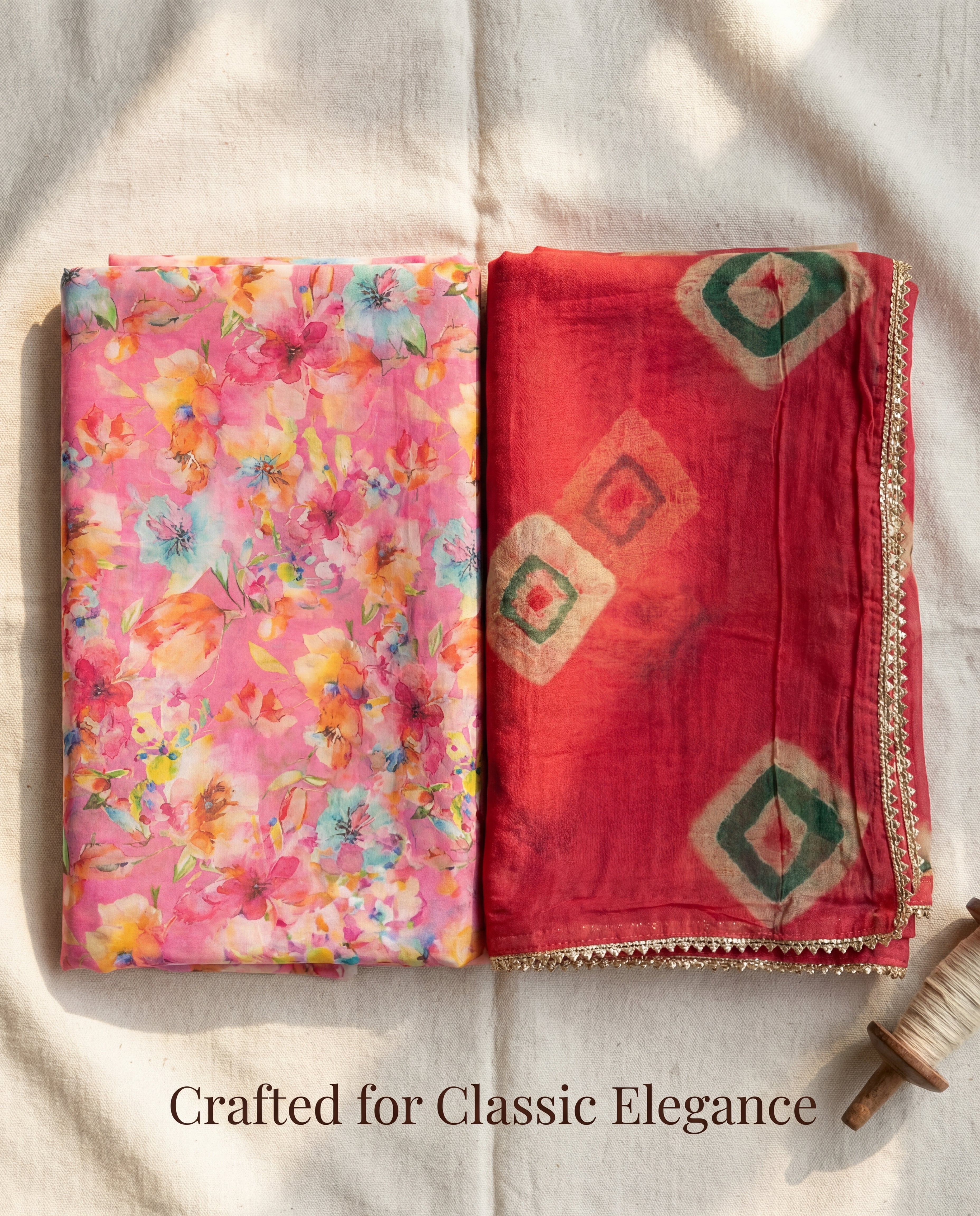 'Gulaabo' - Vibrant Pink Watercolor Floral Rajputi Suit Set + Deep Red Tie-Dye Odhani