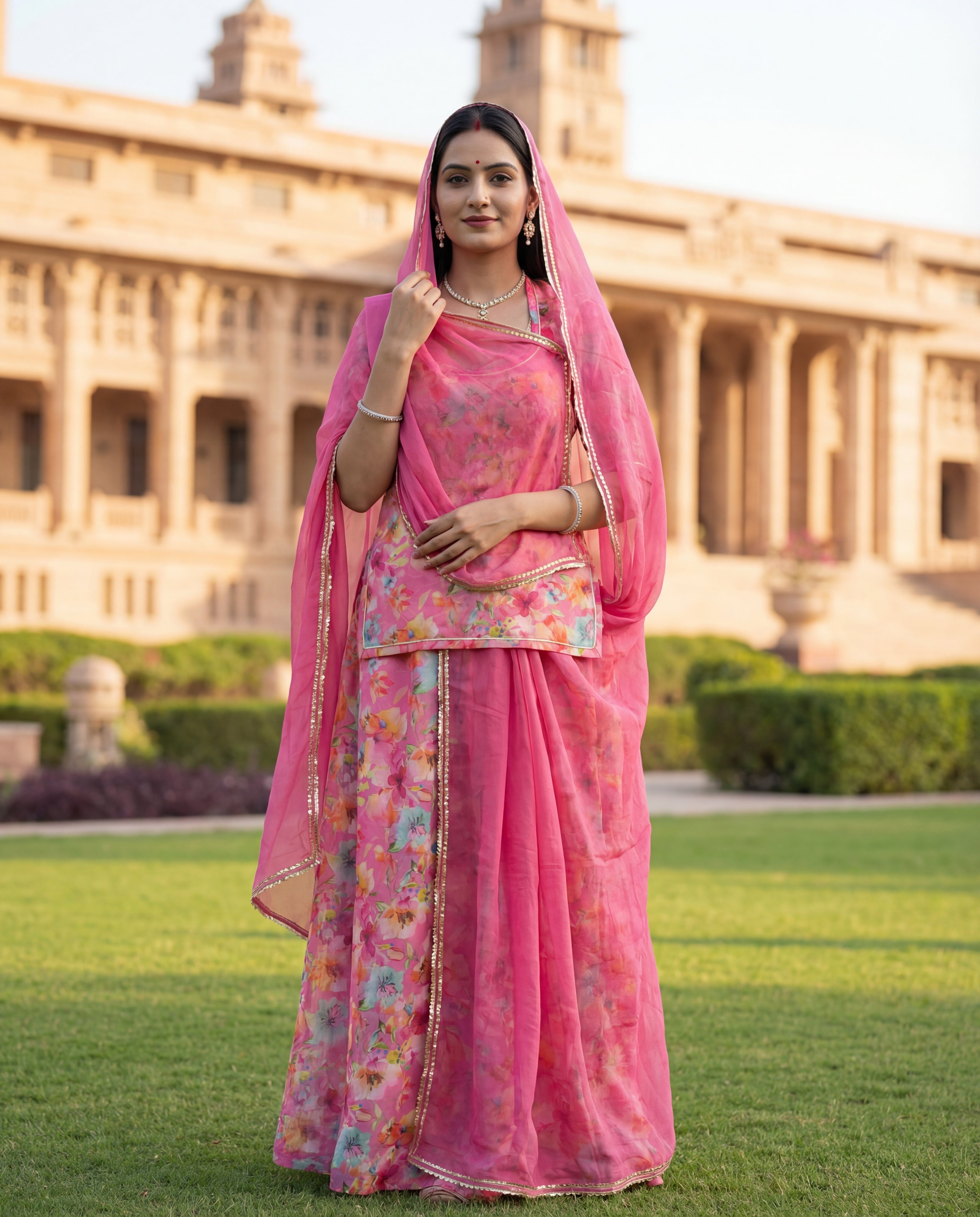 'Gulaabo Bahaar' - Vibrant Pink Floral Print Rajputi Suit Set + Solid Pink Odhani