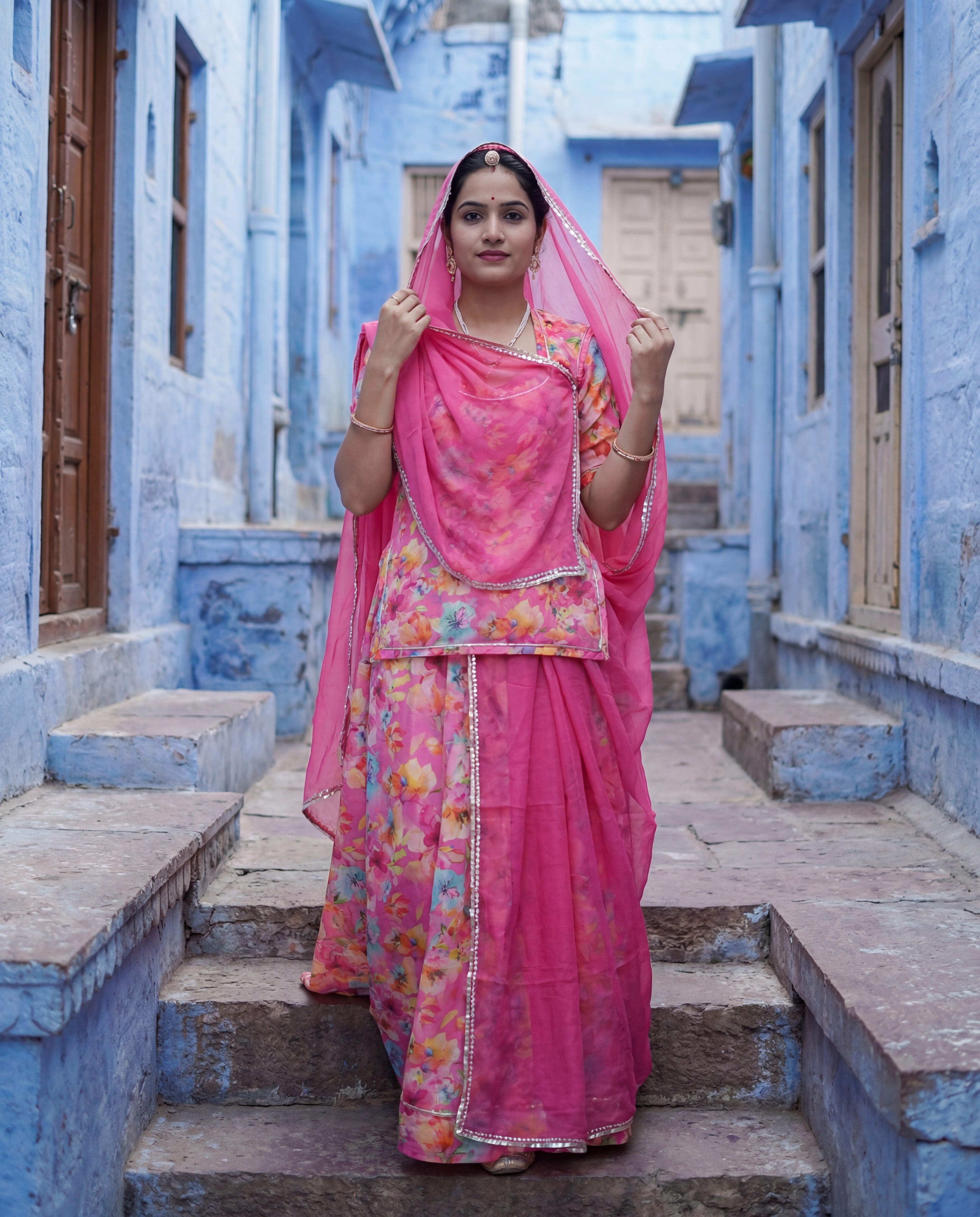 'Gulaabo Bahaar' - Vibrant Pink Floral Print Rajputi Suit Set + Solid Pink Odhani