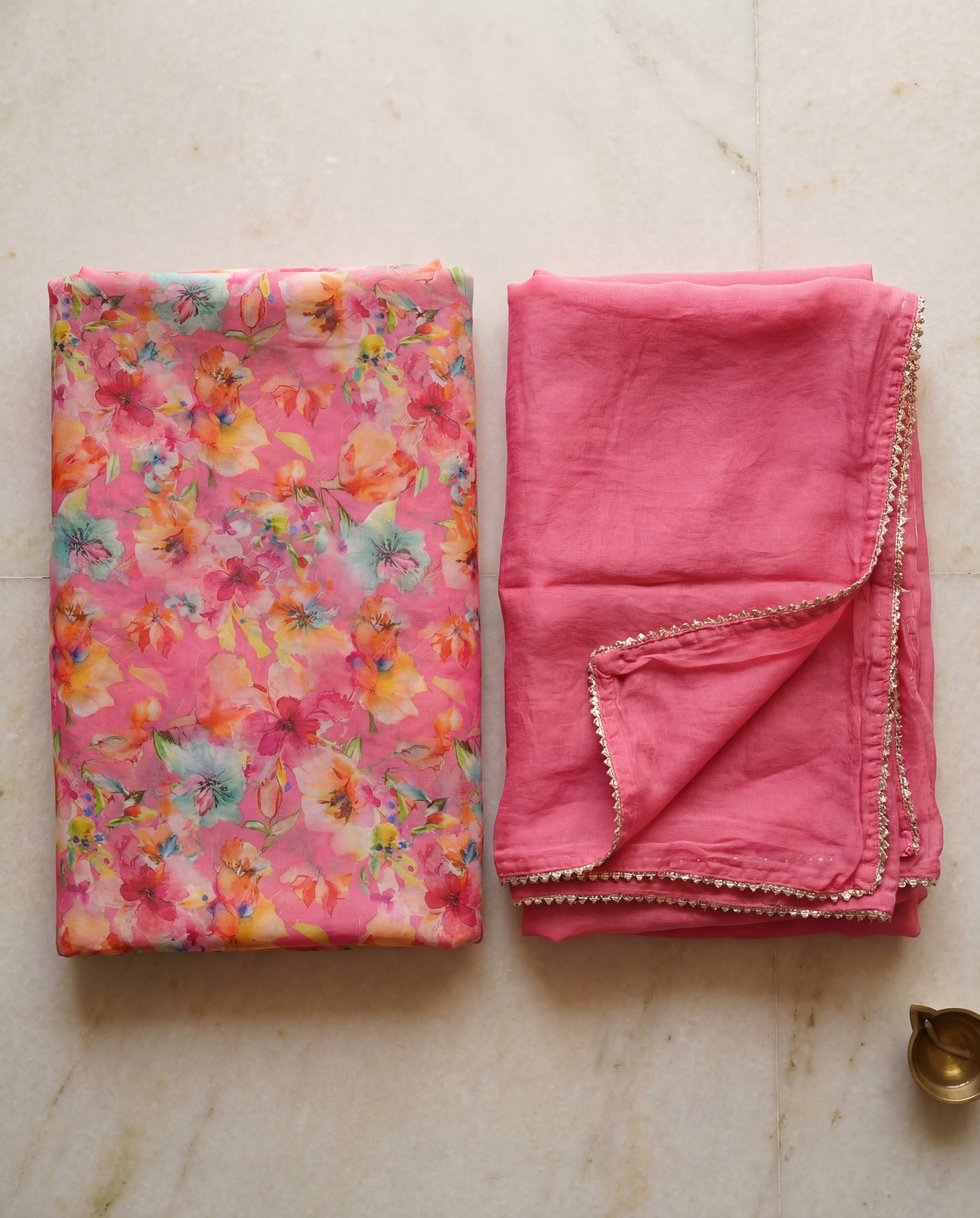 'Gulaabo Bahaar' - Vibrant Pink Floral Print Rajputi Suit Set + Solid Pink Odhani