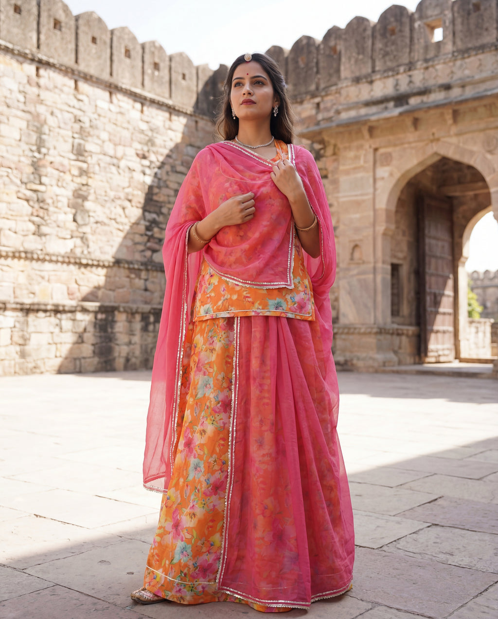 'Kesar-Bagh' - Vibrant Orange Floral Rajputi Suit Set + Rani Pink Odhani