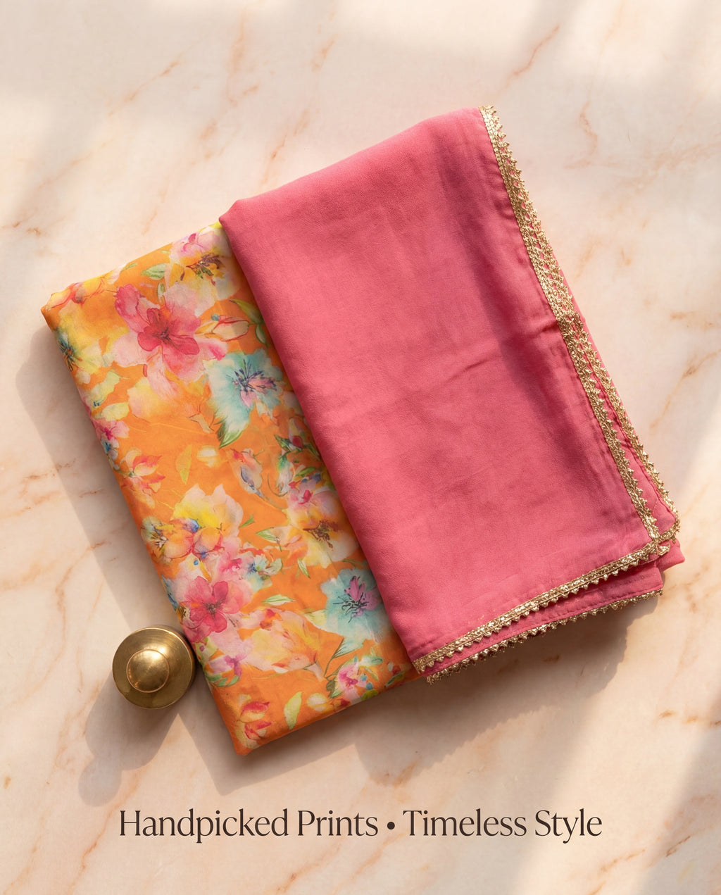 'Kesar-Bagh' - Vibrant Orange Floral Rajputi Suit Set + Rani Pink Odhani