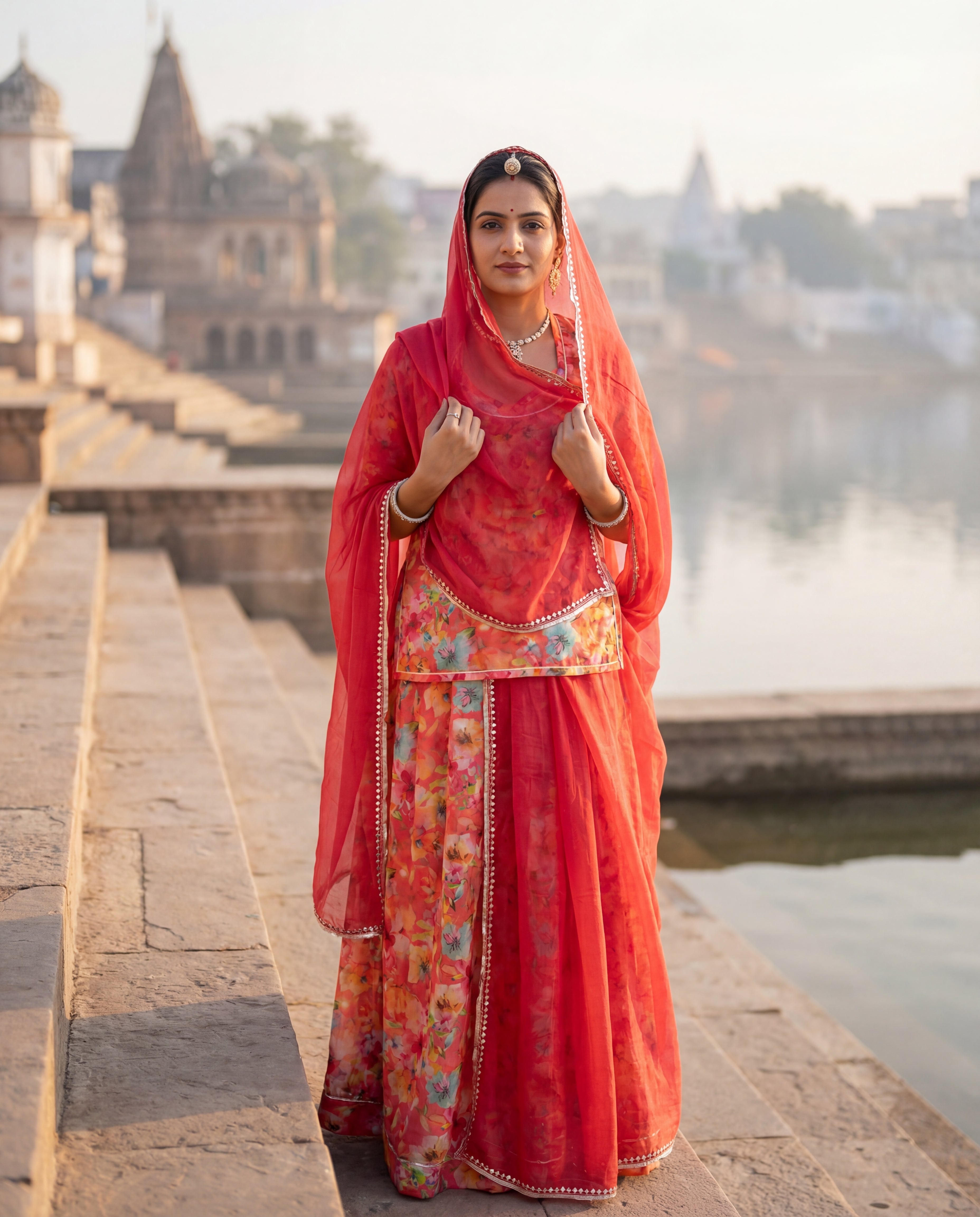'Kesar-Bagh' - Coral Peach Watercolor Floral Rajputi Suit Set + Solid Bordered Odhani