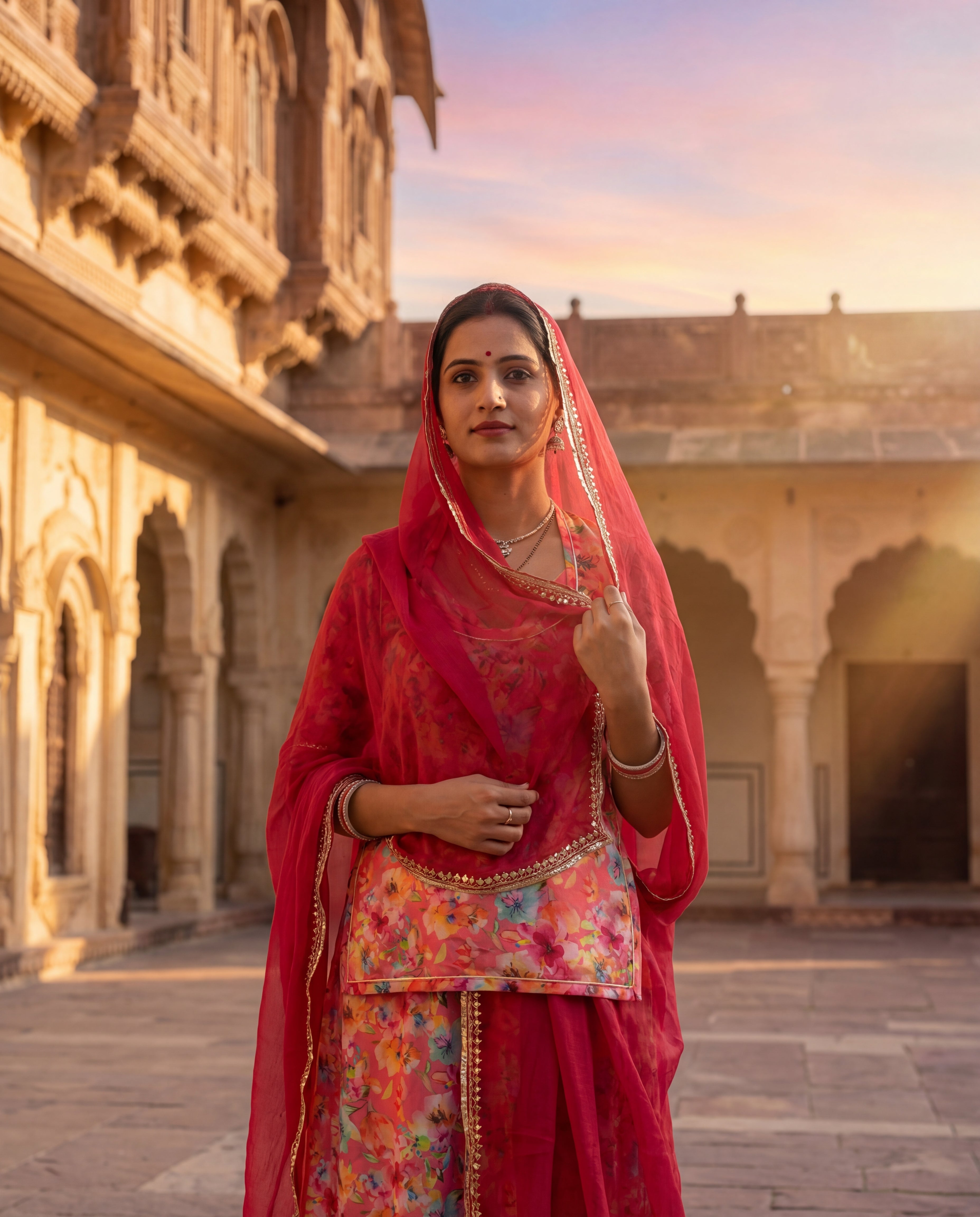 'Kesar-Bagh' - Coral Peach Watercolor Floral Rajputi Suit Set + Solid Bordered Odhani