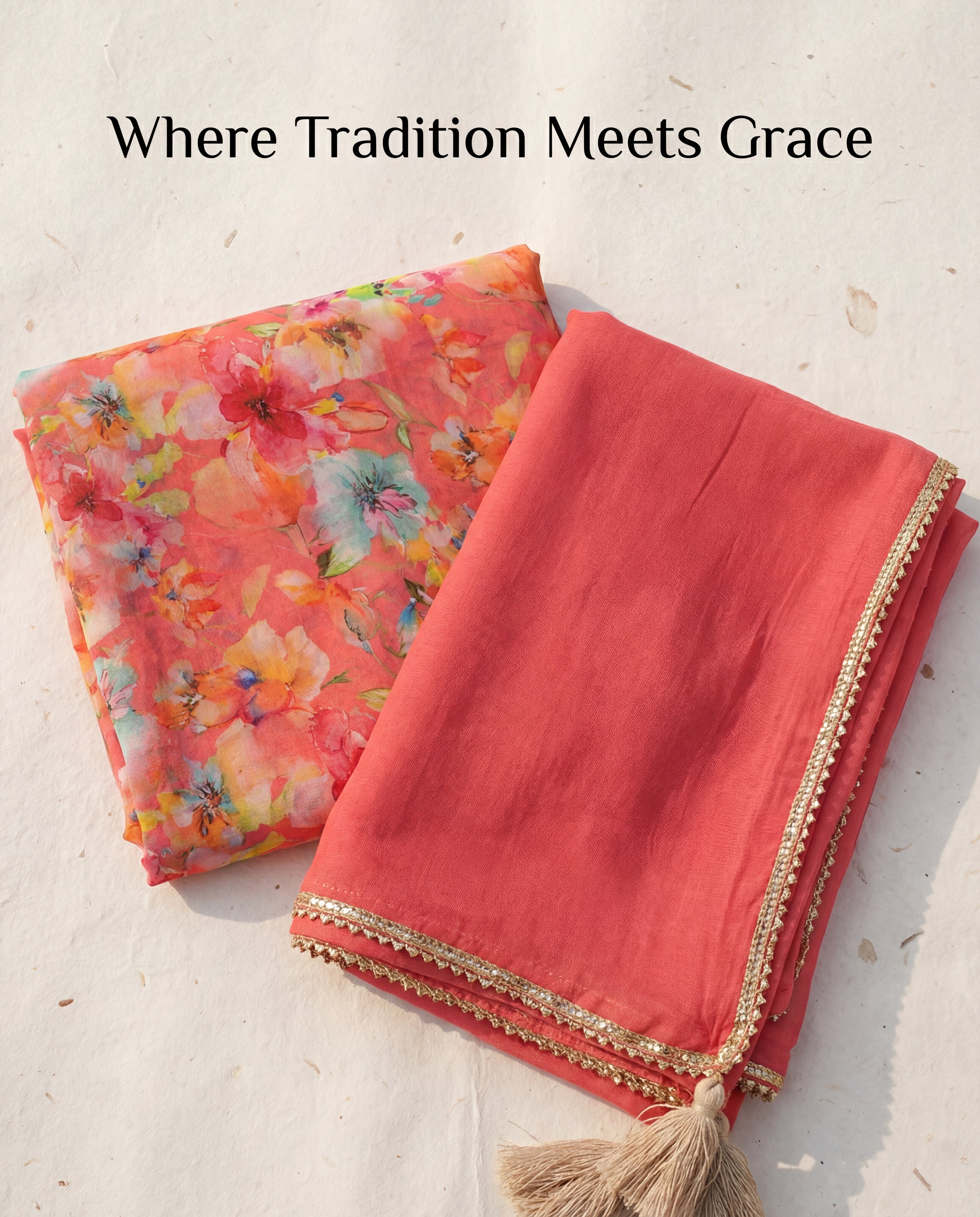 'Kesar-Bagh' - Coral Peach Watercolor Floral Rajputi Suit Set + Solid Bordered Odhani