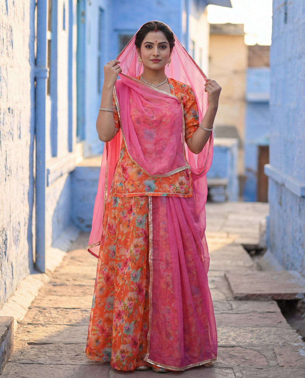 'Kesariya' - Orange Floral Rajputi Suit Set + Rani Pink Odhani