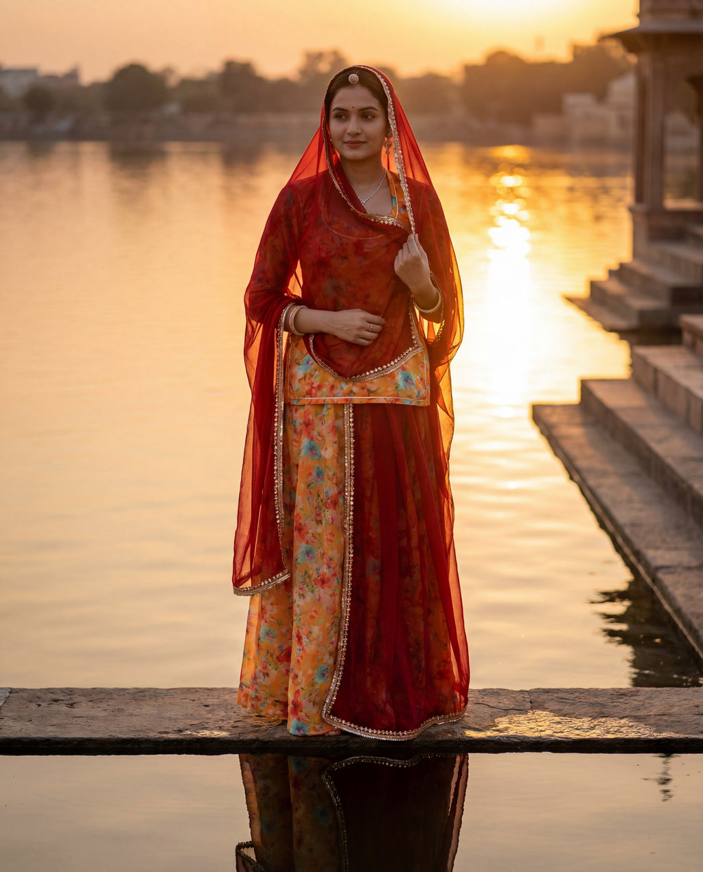 'Kesar-Bagh' - Mustard Floral Print Rajputi Suit Set + Deep Maroon Odhani