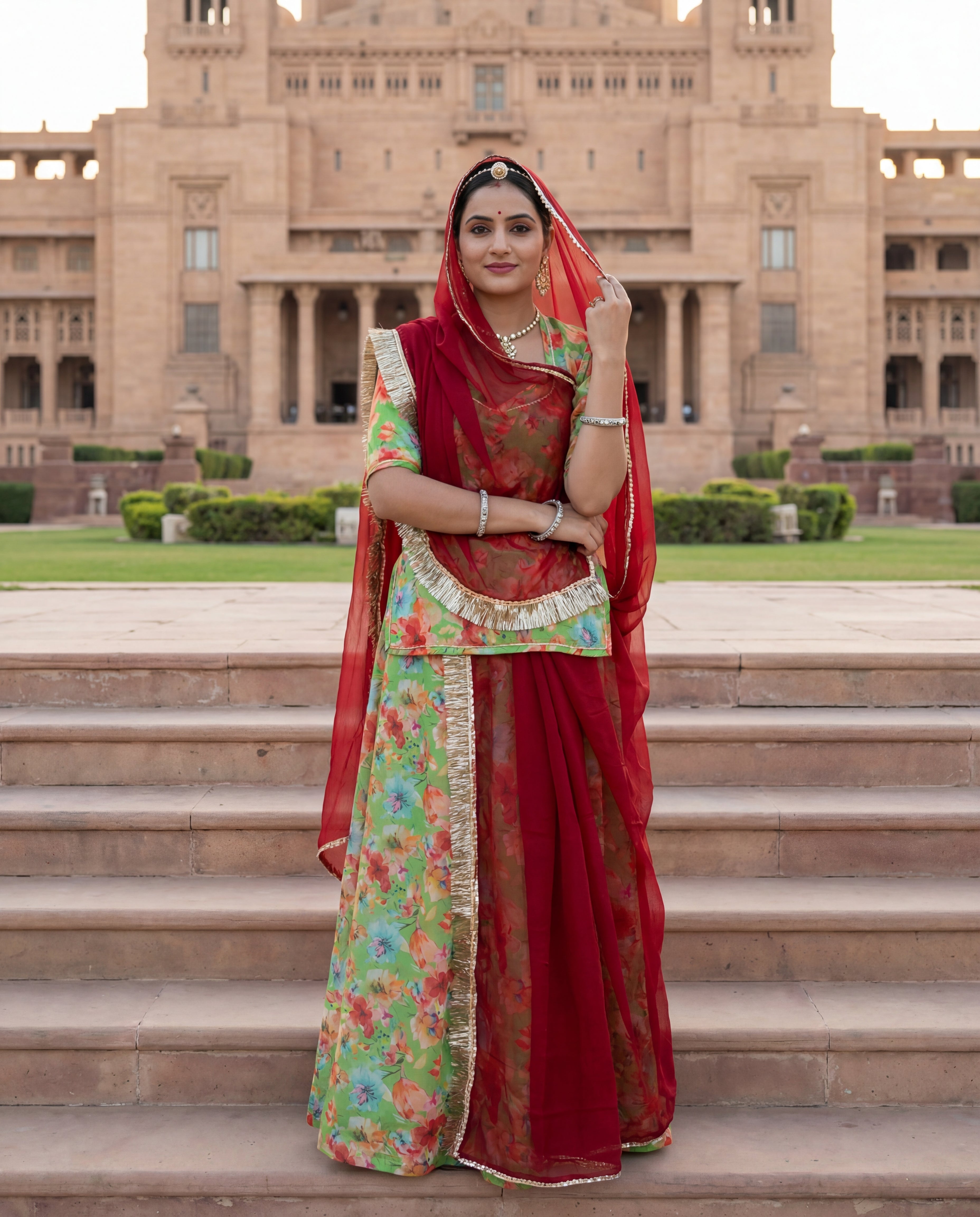 'Vasant' - Pista Green Floral Rajputi Suit Set + Deep Red Odhani