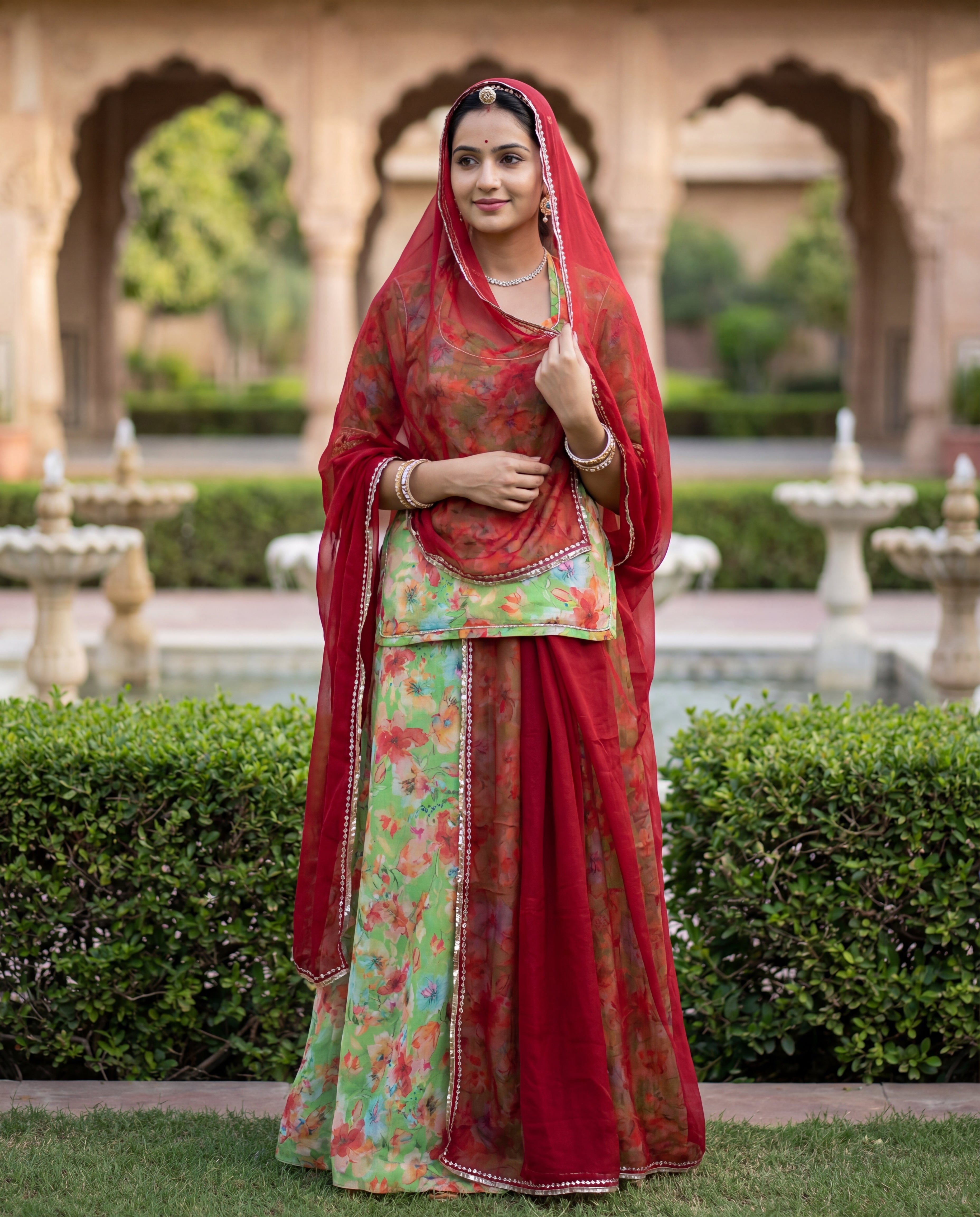 'Vasant' - Pista Green Floral Rajputi Suit Set + Deep Red Odhani