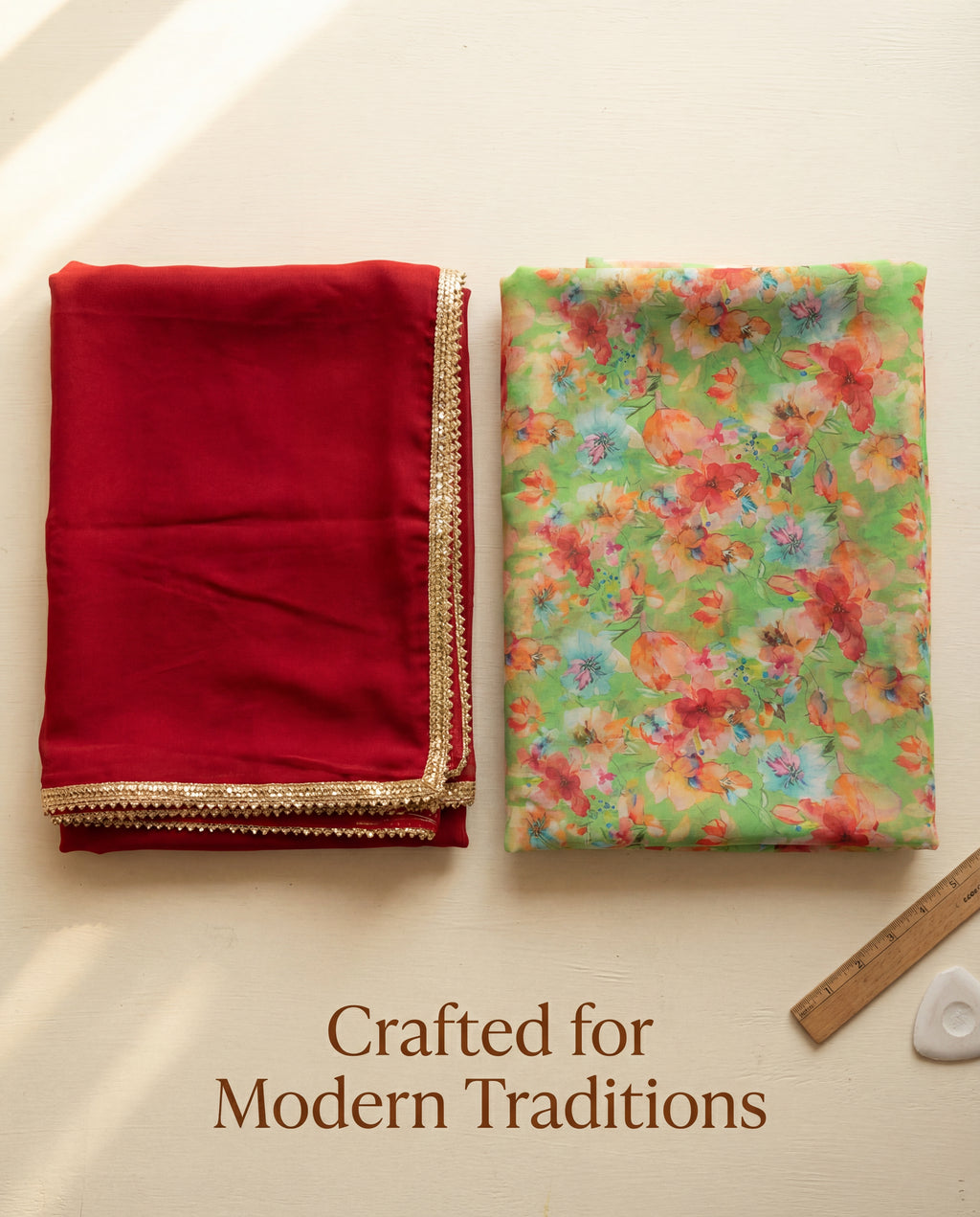 'Vasant' - Pista Green Floral Rajputi Suit Set + Deep Red Odhani