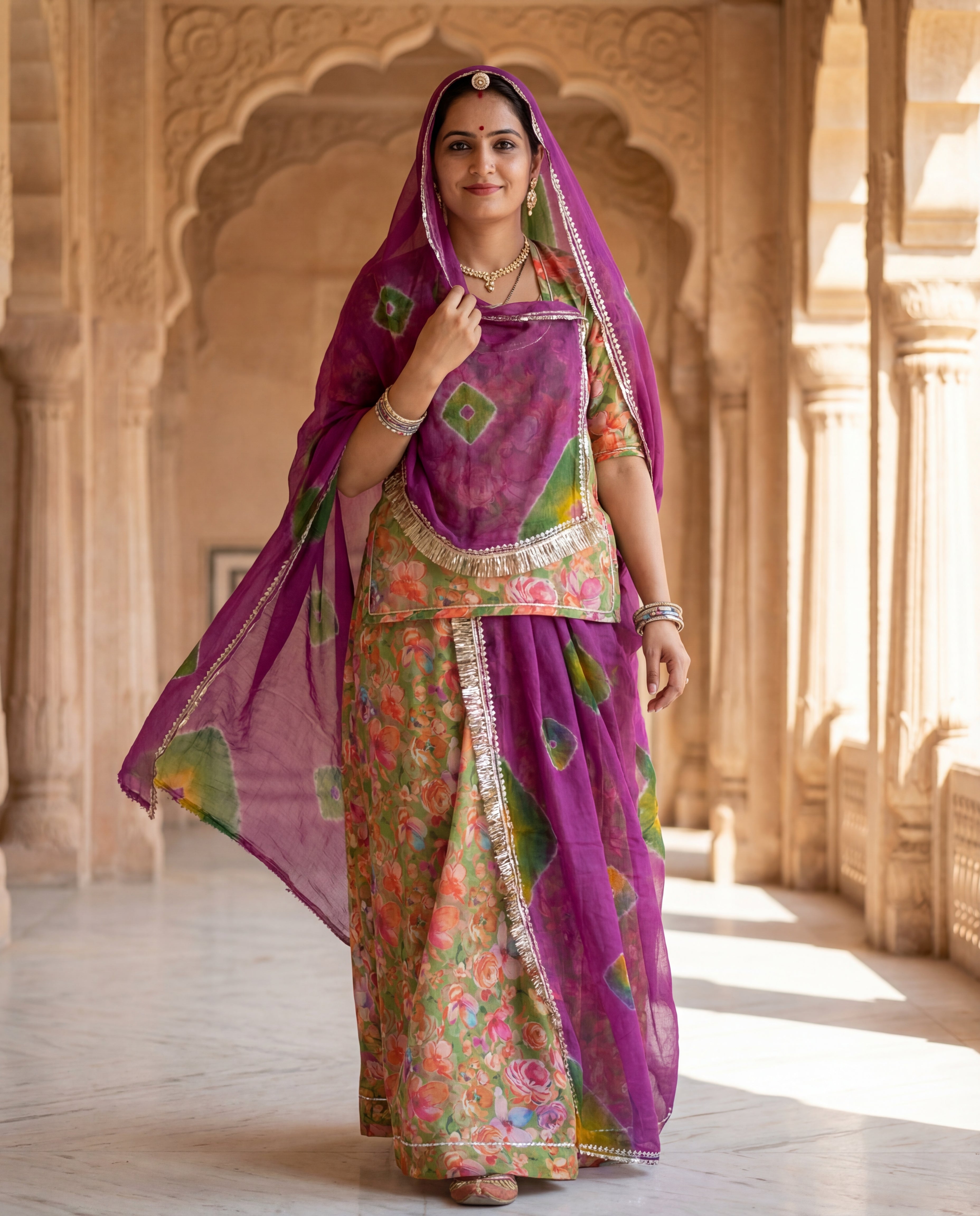 'Bagh-Bahar' - Olive Green Floral Rajputi Suit Set + Magenta Shibori Odhani