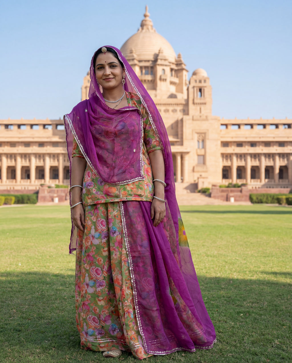 'Bagh-Bahar' - Olive Green Floral Rajputi Suit Set + Magenta Shibori Odhani