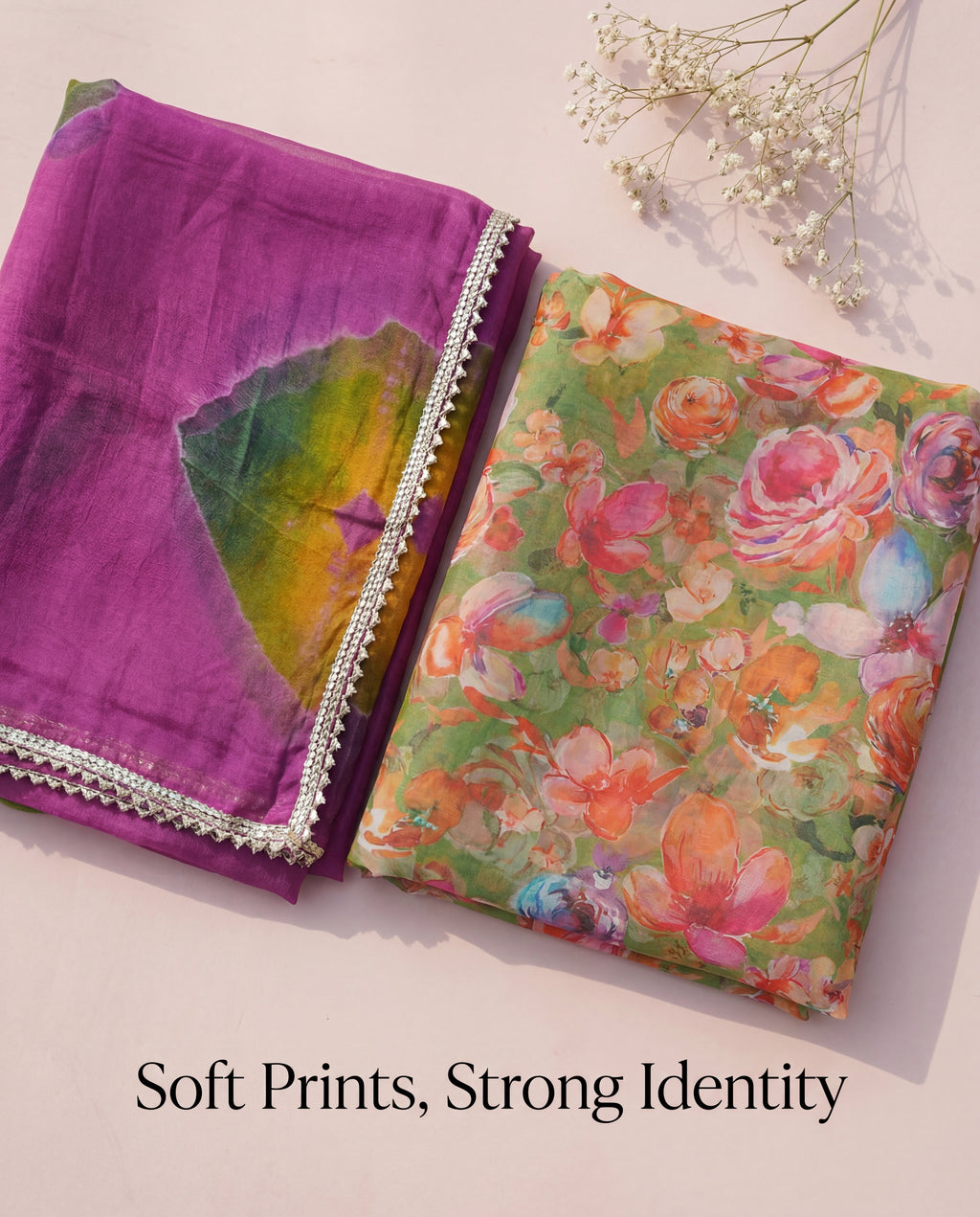 'Bagh-Bahar' - Olive Green Floral Rajputi Suit Set + Magenta Shibori Odhani