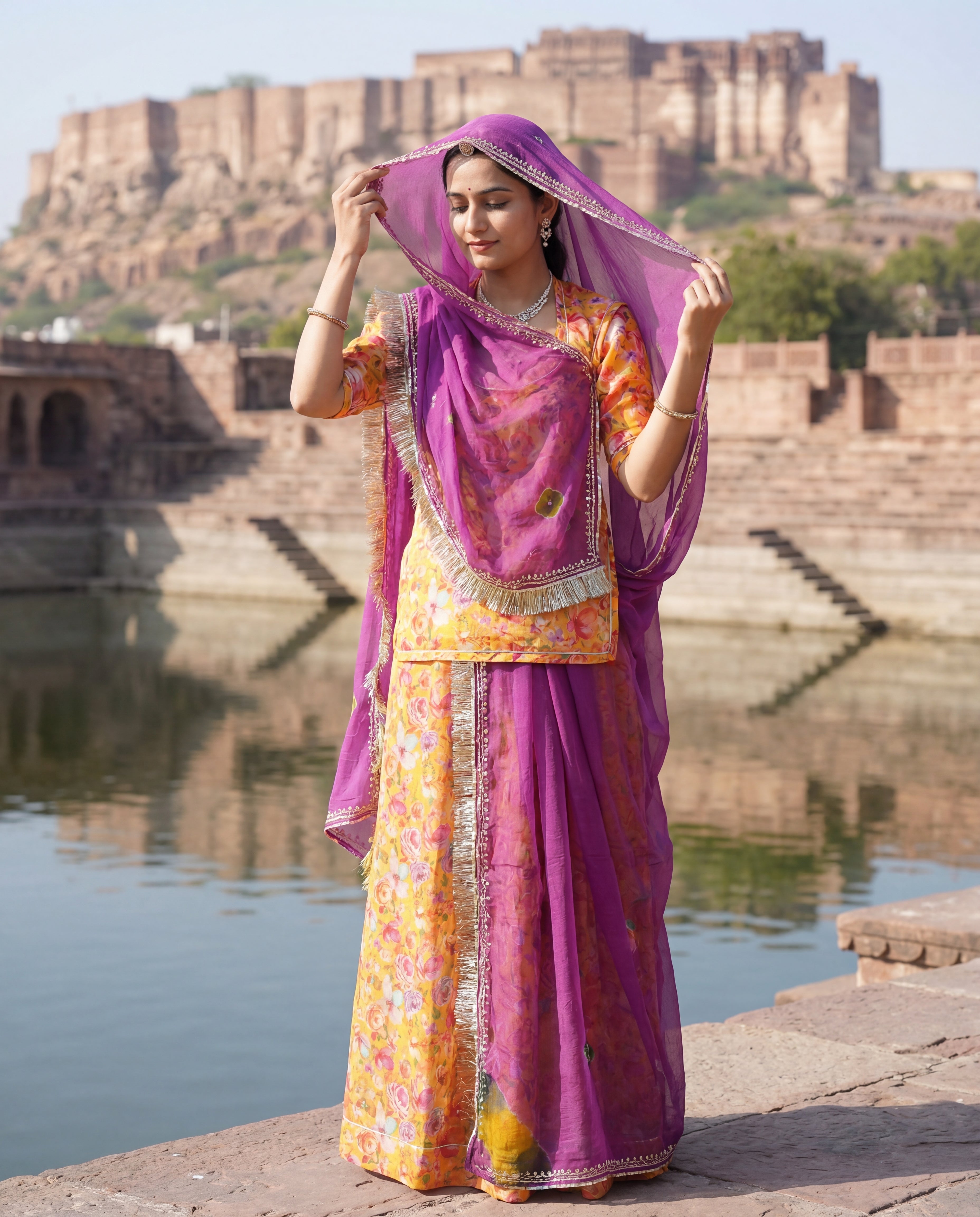 'Kesar Bagh' - Mustard Yellow Floral Rajputi Suit Set + Deep Purple Odhani