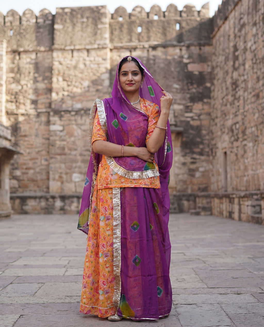 'Kesar Bagh' - Mustard Yellow Floral Rajputi Suit Set + Deep Purple Odhani