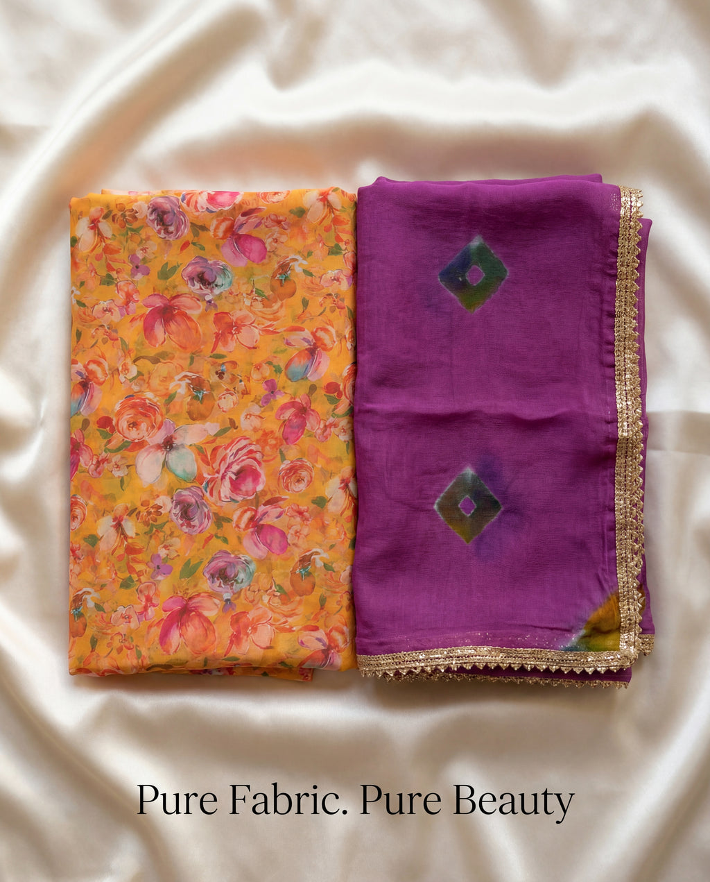 'Kesar Bagh' - Mustard Yellow Floral Rajputi Suit Set + Deep Purple Odhani