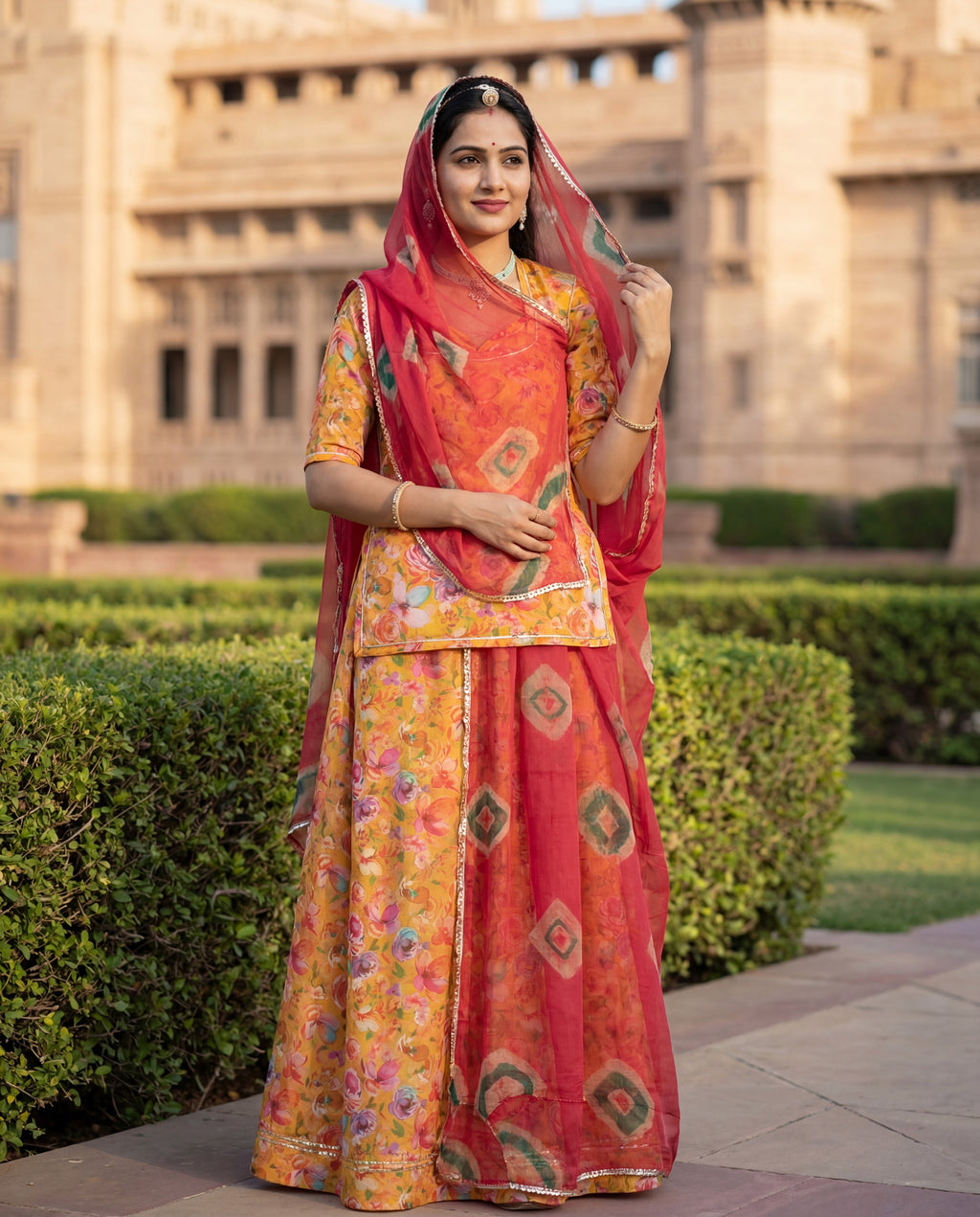 'Basant' - Mustard Yellow Floral Print Rajputi Suit Set + Red Shibori Pattern Odhani