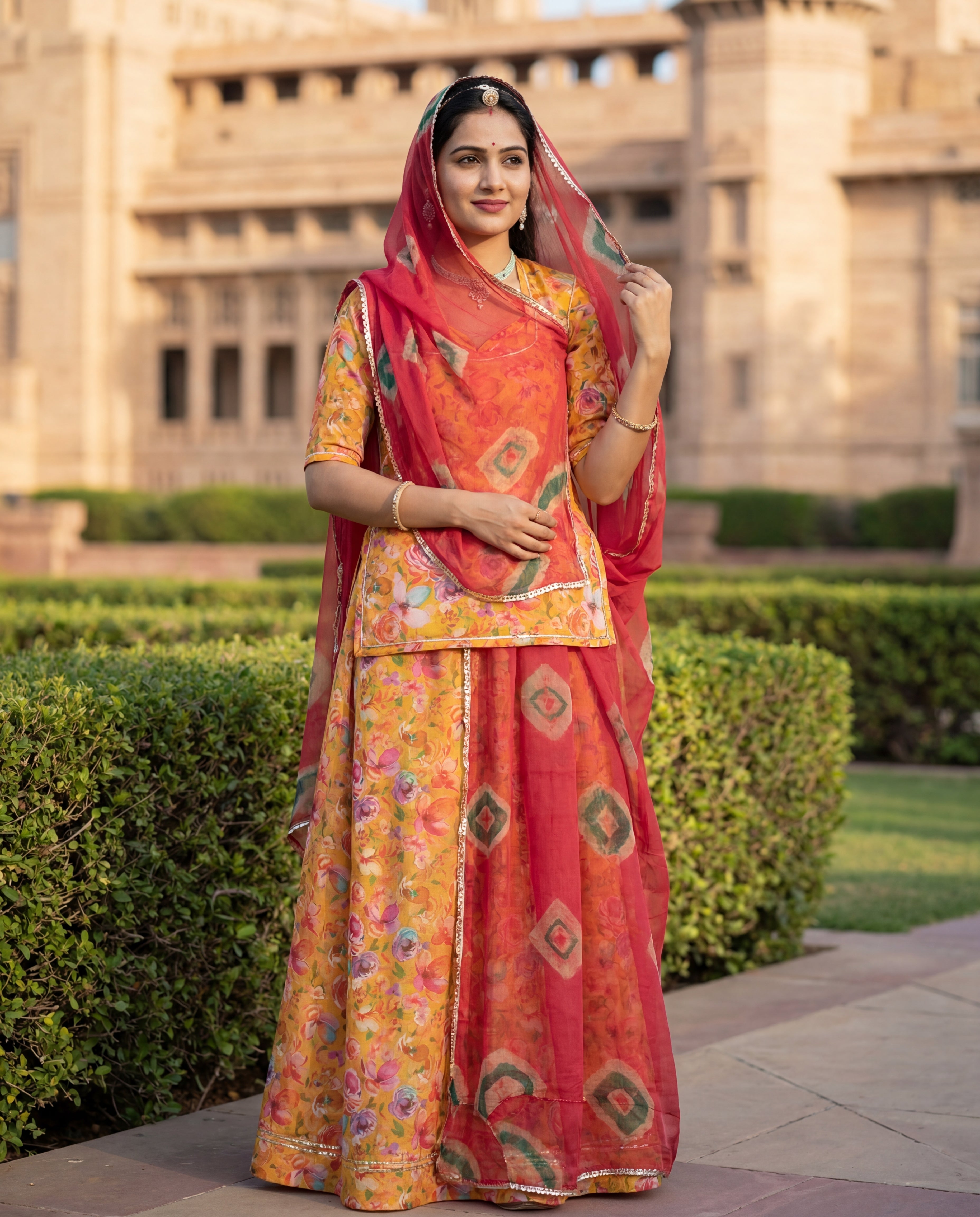 'Basant' - Mustard Yellow Floral Print Rajputi Suit Set + Red Shibori Pattern Odhani