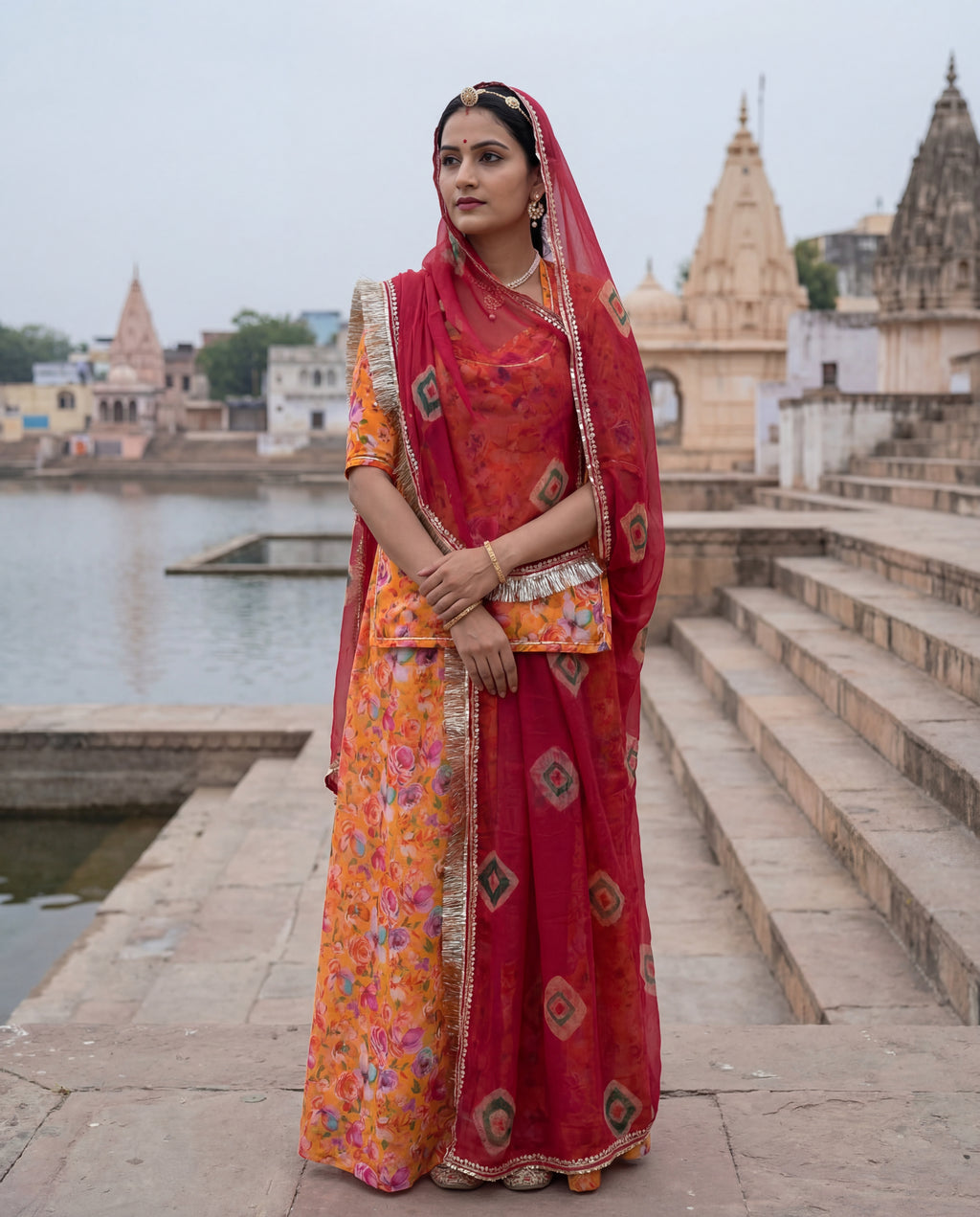 'Basant' - Mustard Yellow Floral Print Rajputi Suit Set + Red Shibori Pattern Odhani