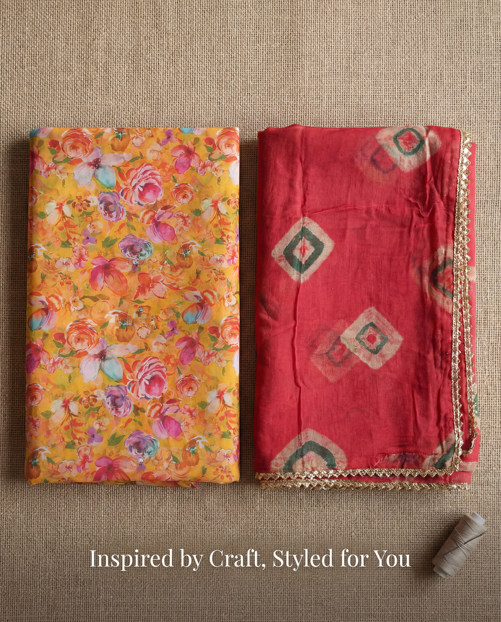 'Basant' - Mustard Yellow Floral Print Rajputi Suit Set + Red Shibori Pattern Odhani