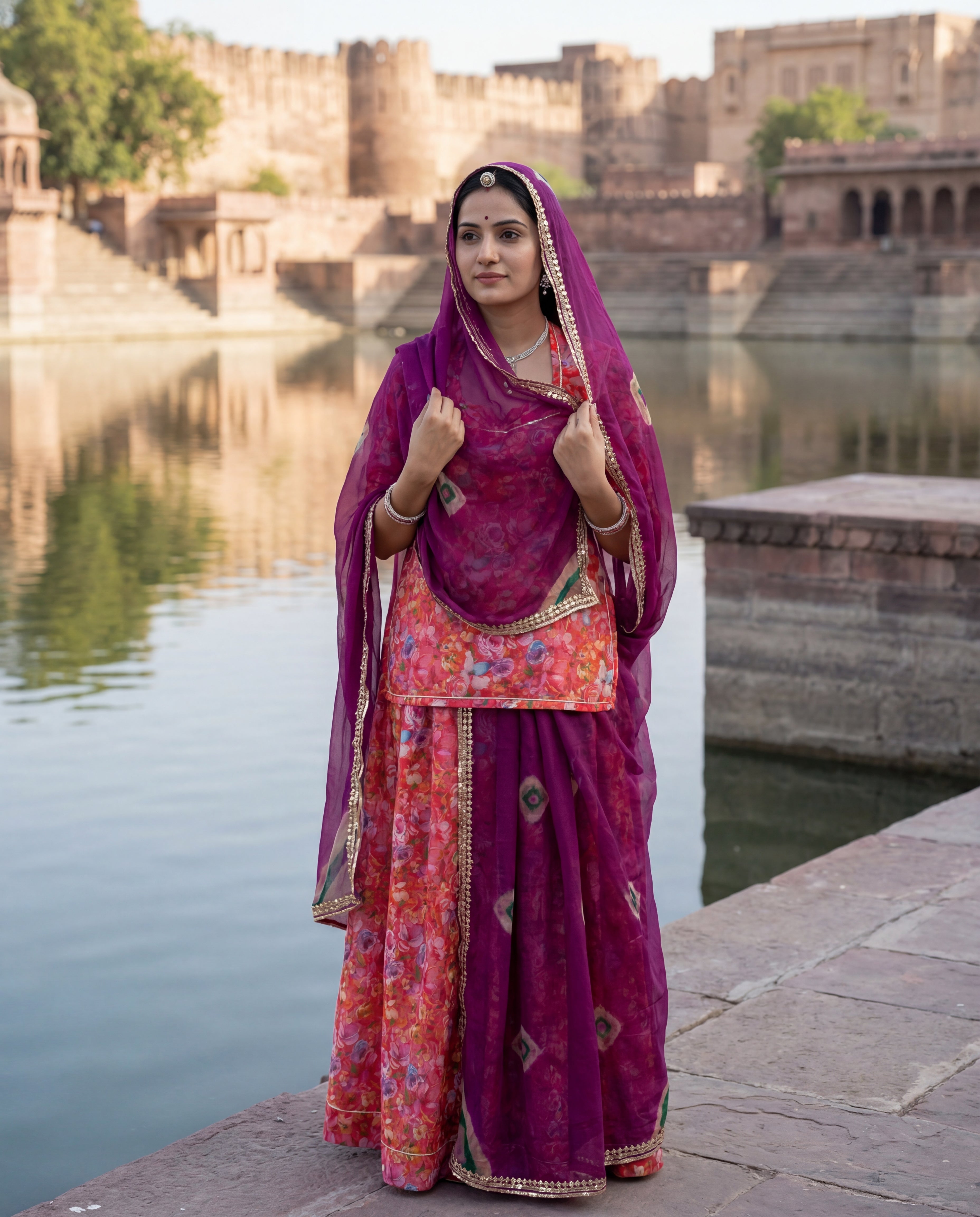 'Kesar Bagh' - Vibrant Orange Floral Print Rajputi Suit Set + Magenta Bandhani Odhani