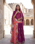 'Kesar Bagh' - Vibrant Orange Floral Print Rajputi Suit Set + Magenta Bandhani Odhani