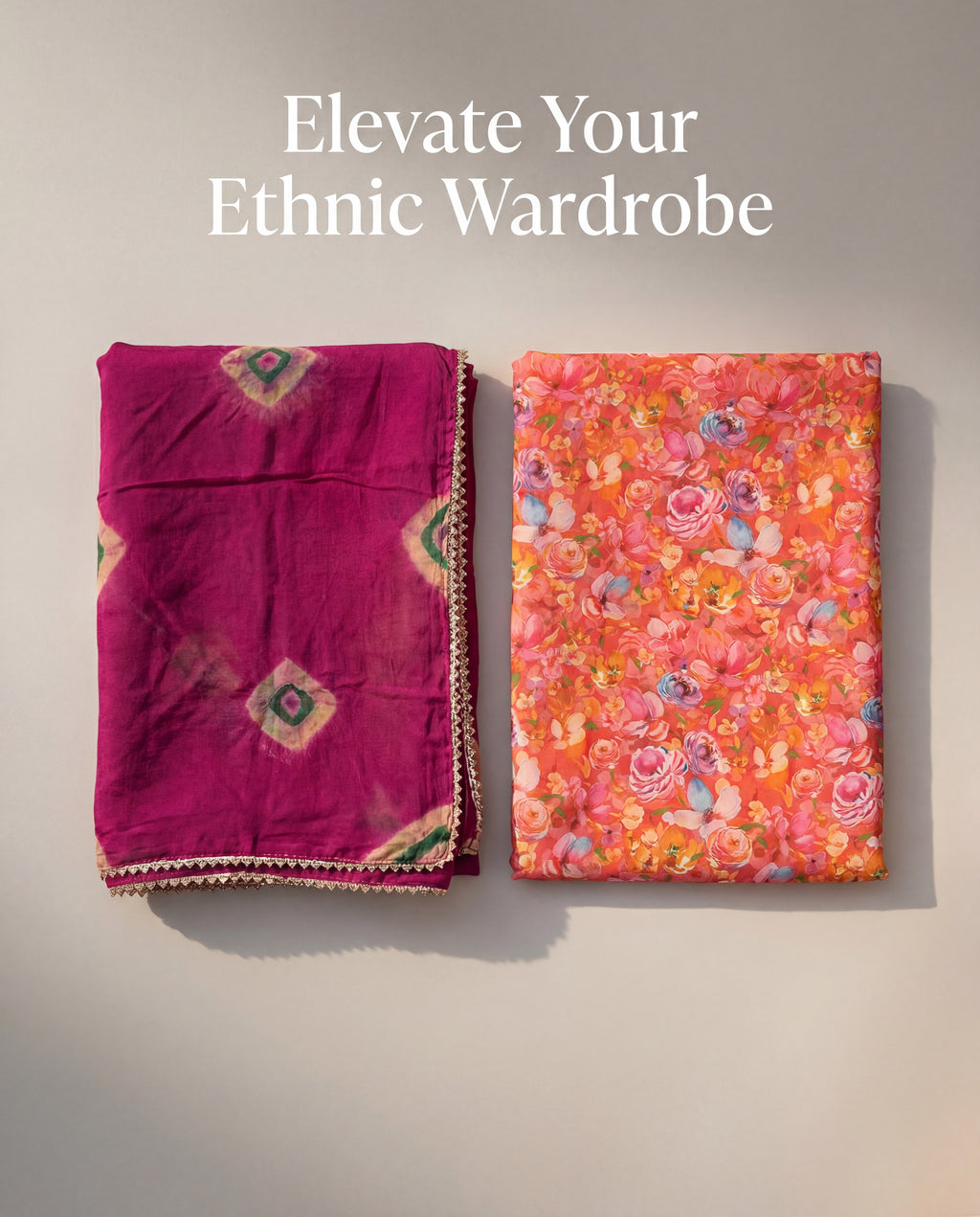 'Kesar Bagh' - Vibrant Orange Floral Print Rajputi Suit Set + Magenta Bandhani Odhani