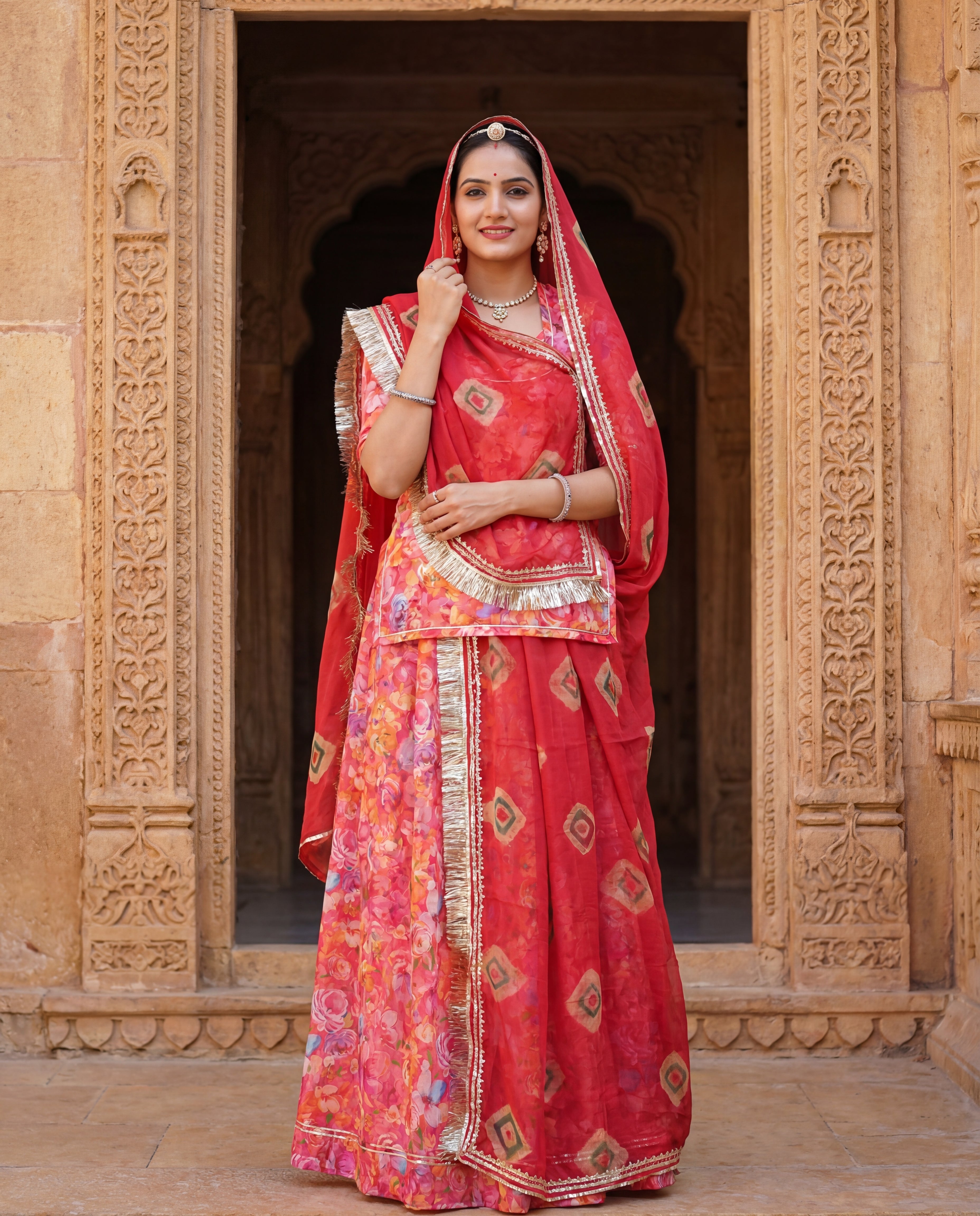 'Gulbahar' - Coral Pink Multi-Floral Rajputi Suit Set + Deep Red Geometric Odhani