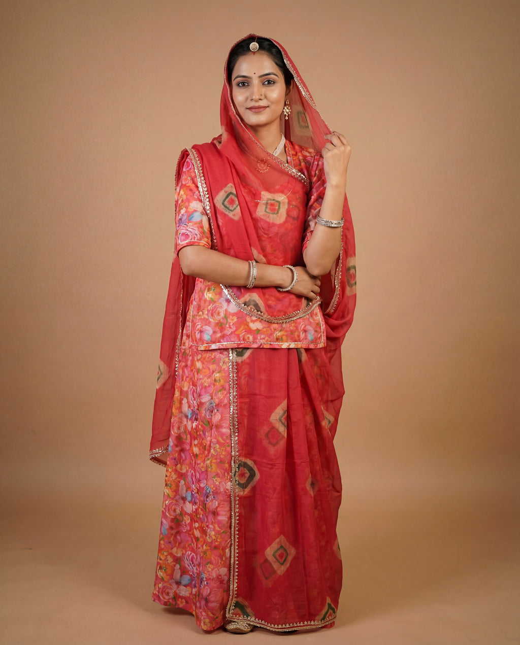 'Gulbahar' - Coral Pink Multi-Floral Rajputi Suit Set + Deep Red Geometric Odhani