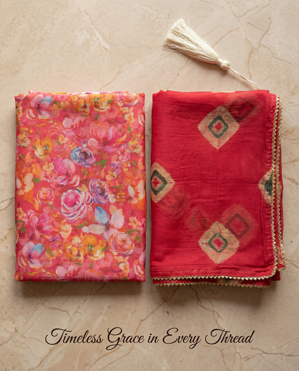 'Gulbahar' - Coral Pink Multi-Floral Rajputi Suit Set + Deep Red Geometric Odhani