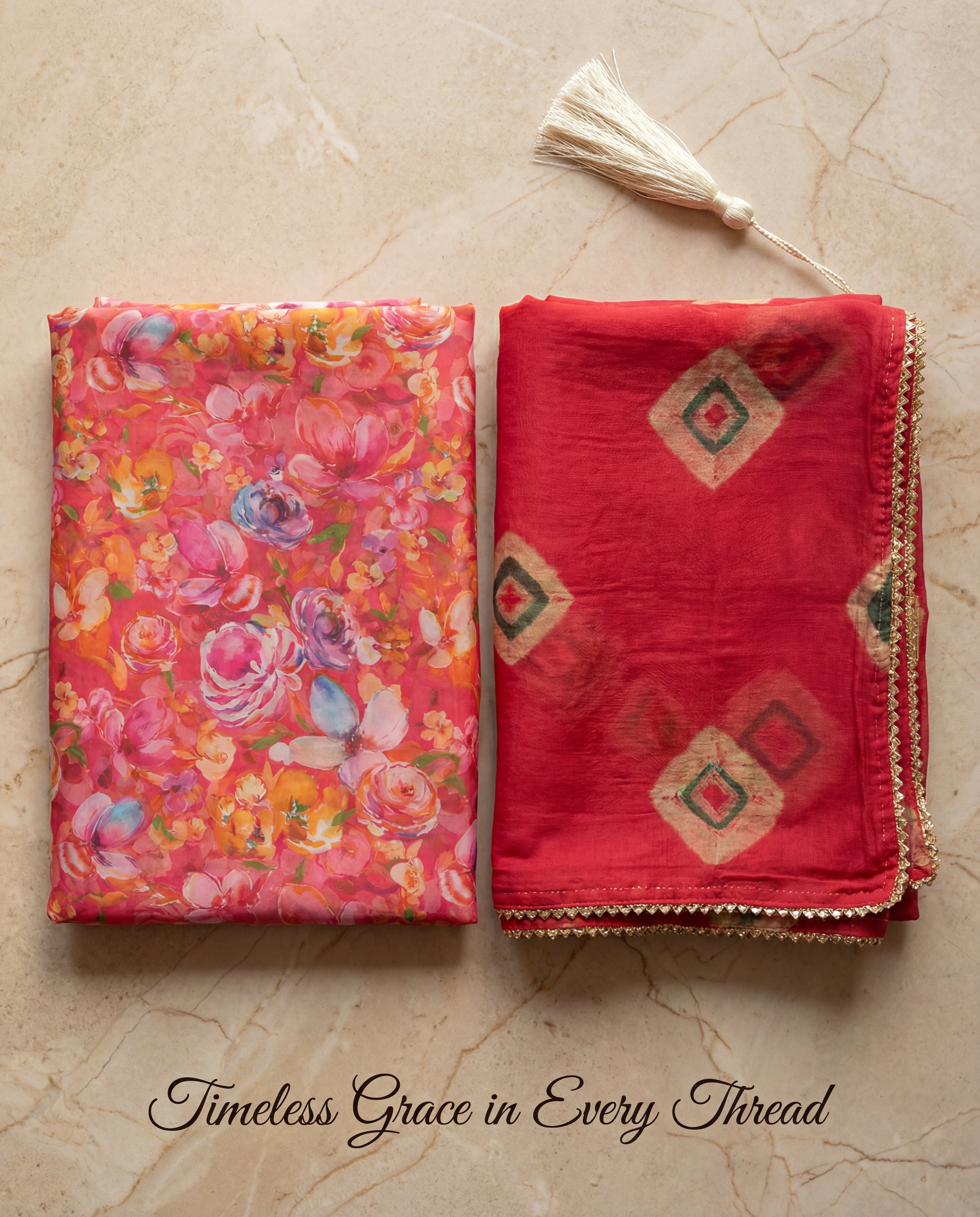 'Gulbahar' - Coral Pink Multi-Floral Rajputi Suit Set + Deep Red Geometric Odhani