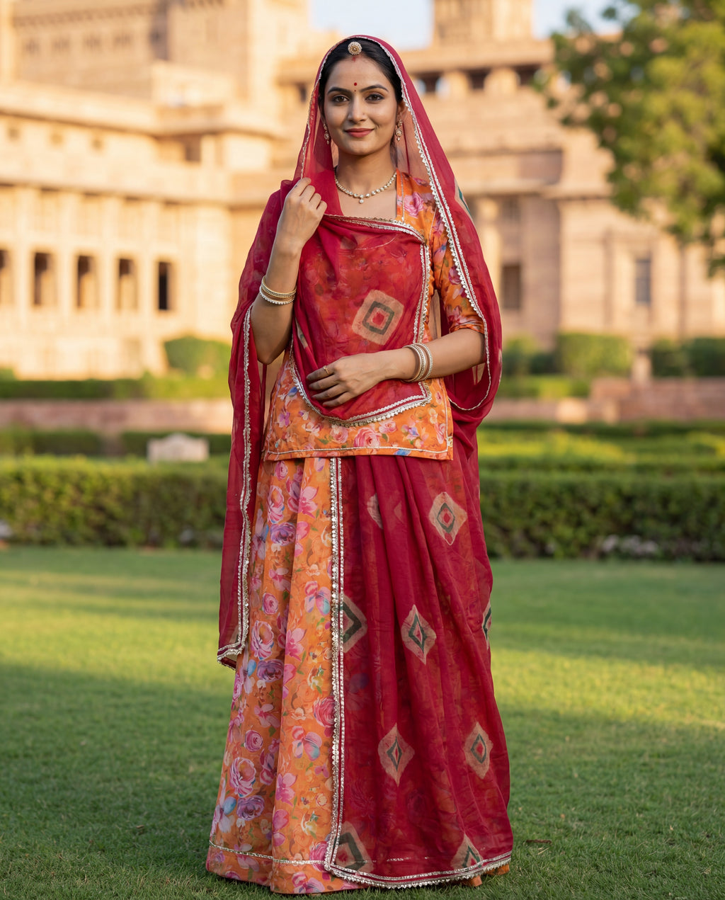 'Kesariya' - Vibrant Orange Floral Print Rajputi Suit Set + Maroon Geometric Odhani