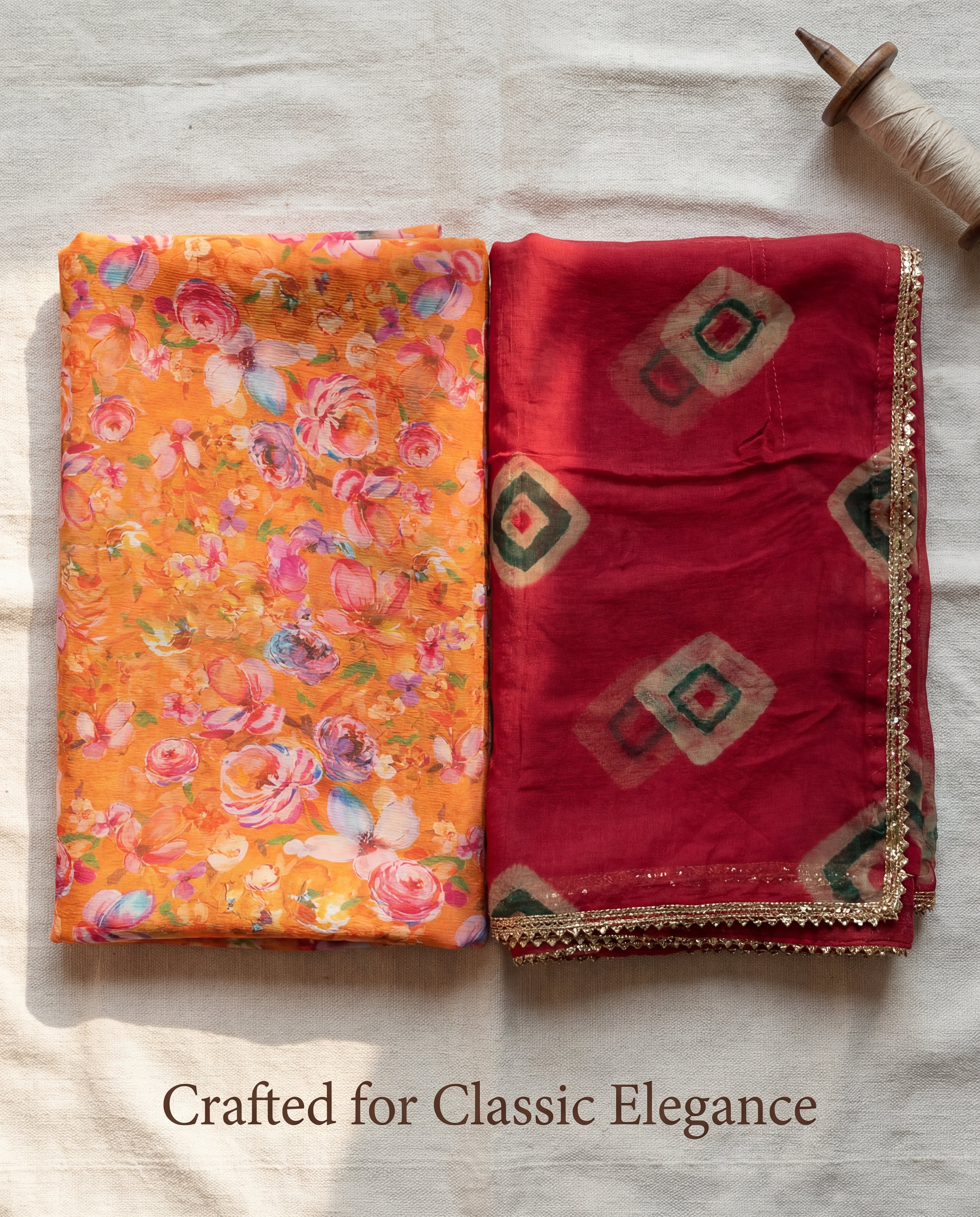 'Kesariya' - Vibrant Orange Floral Print Rajputi Suit Set + Maroon Geometric Odhani