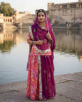 'Gulaabo' - Vibrant Pink Floral Print Rajputi Suit Set + Deep Purple Shibori Odhani