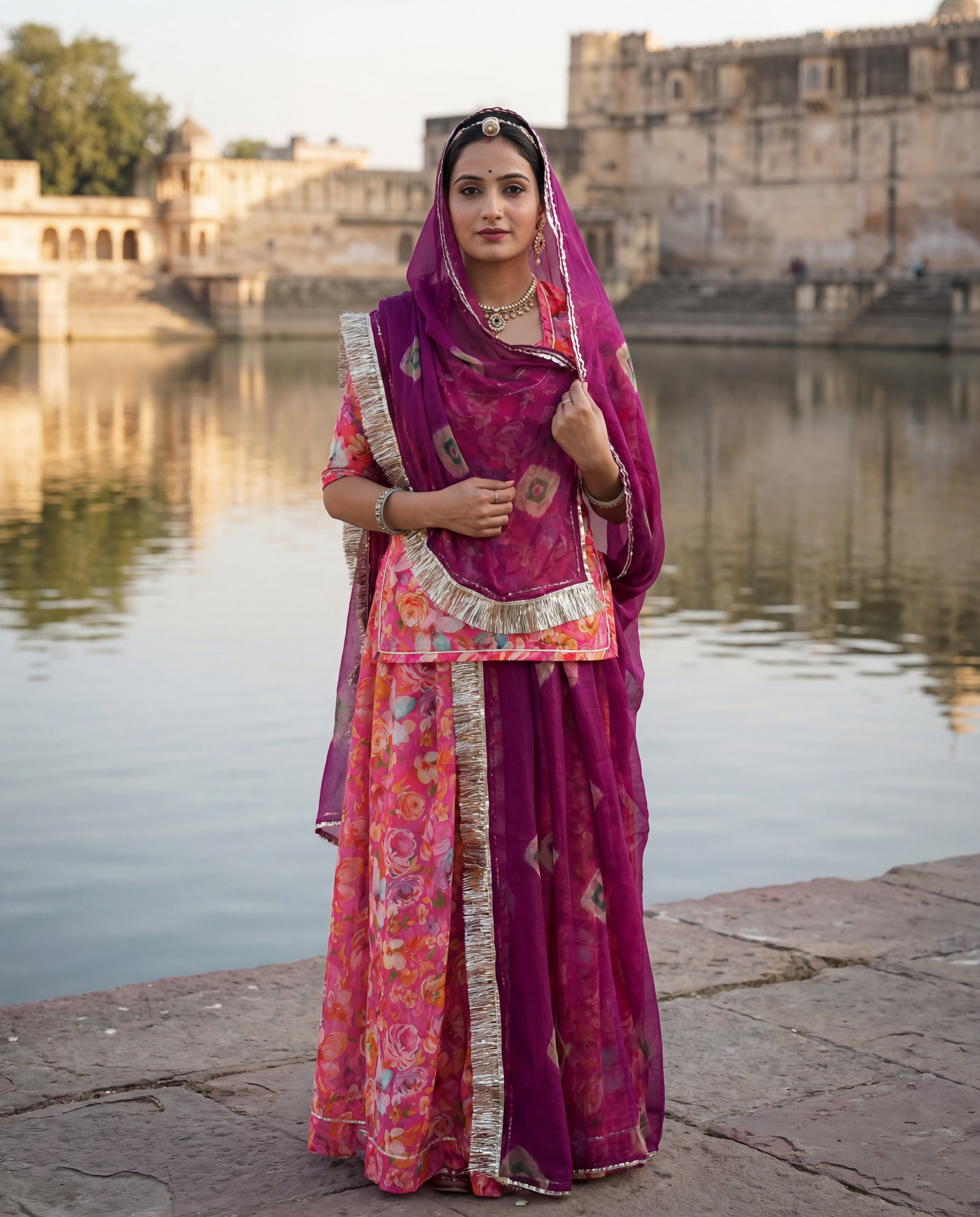 'Gulaabo' - Vibrant Pink Floral Print Rajputi Suit Set + Deep Purple Shibori Odhani