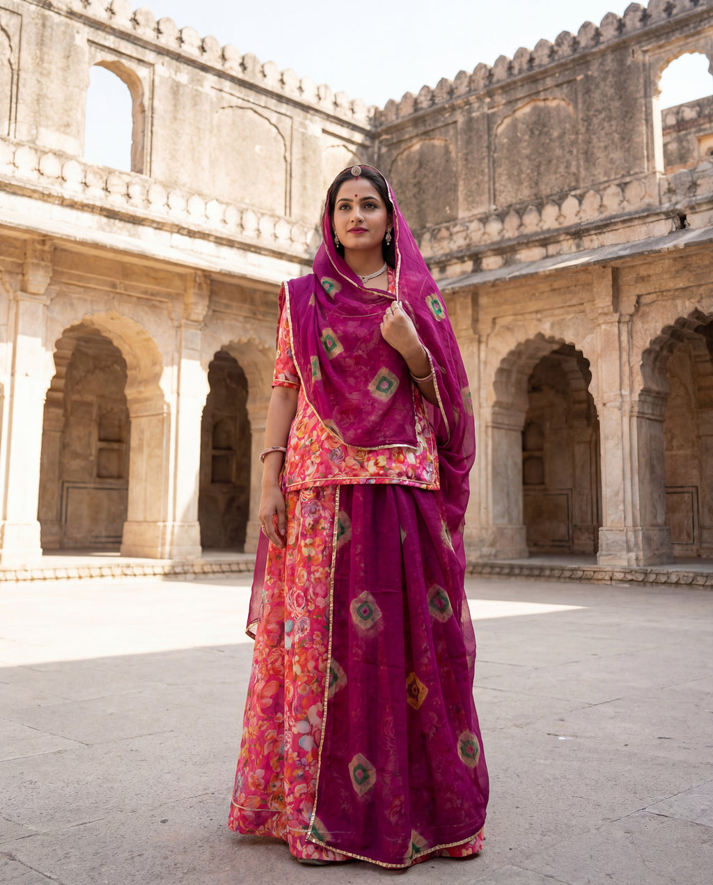 'Gulaabo' - Vibrant Pink Floral Print Rajputi Suit Set + Deep Purple Shibori Odhani