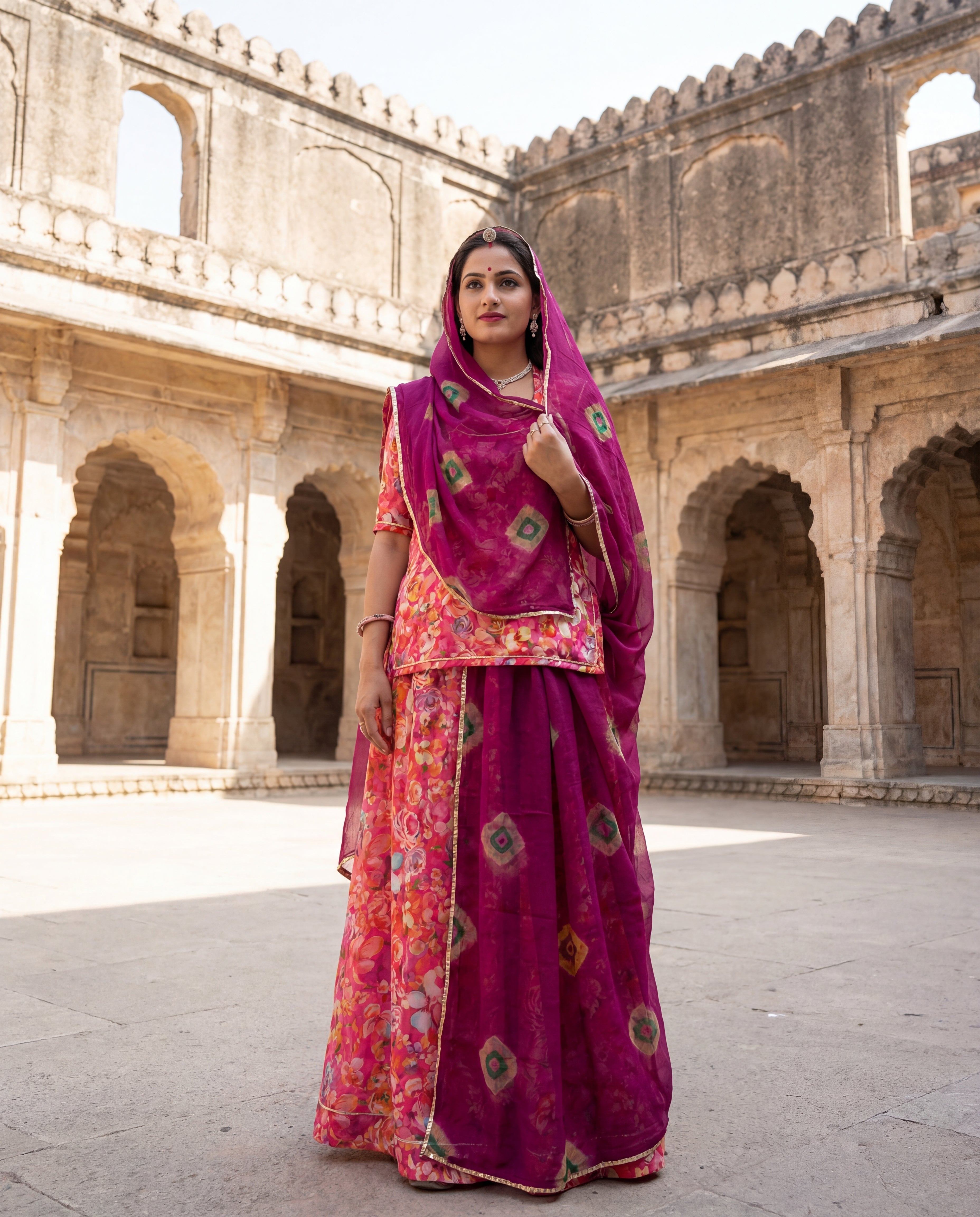 'Gulaabo' - Vibrant Pink Floral Print Rajputi Suit Set + Deep Purple Shibori Odhani