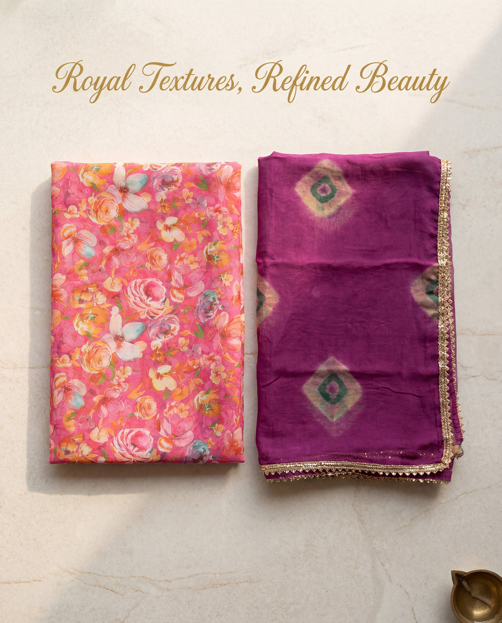 'Gulaabo' - Vibrant Pink Floral Print Rajputi Suit Set + Deep Purple Shibori Odhani