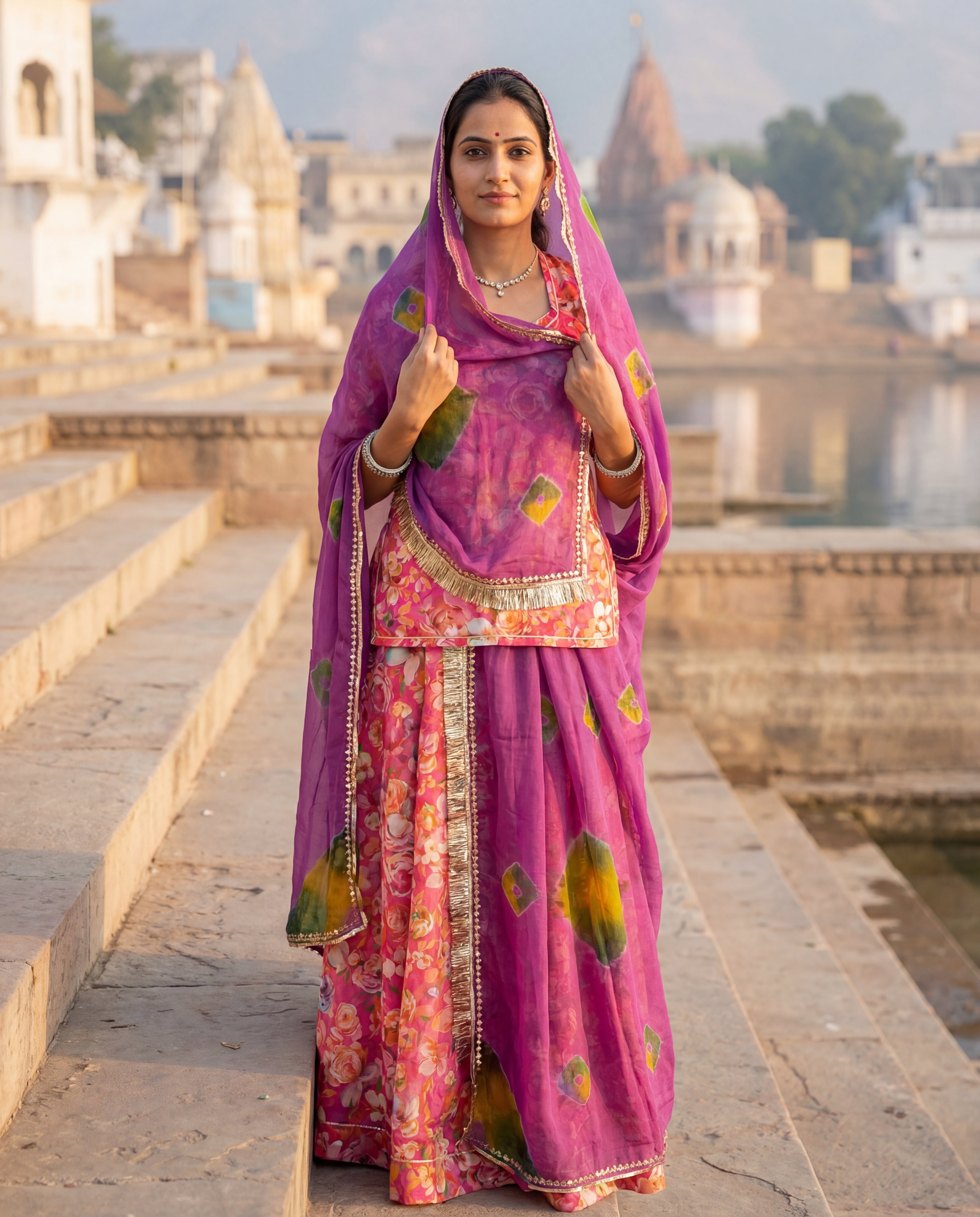 'Gul-Bahaar' - Vibrant Pink Floral Print Rajputi Suit Set + Contrast Purple Shibori Odhani
