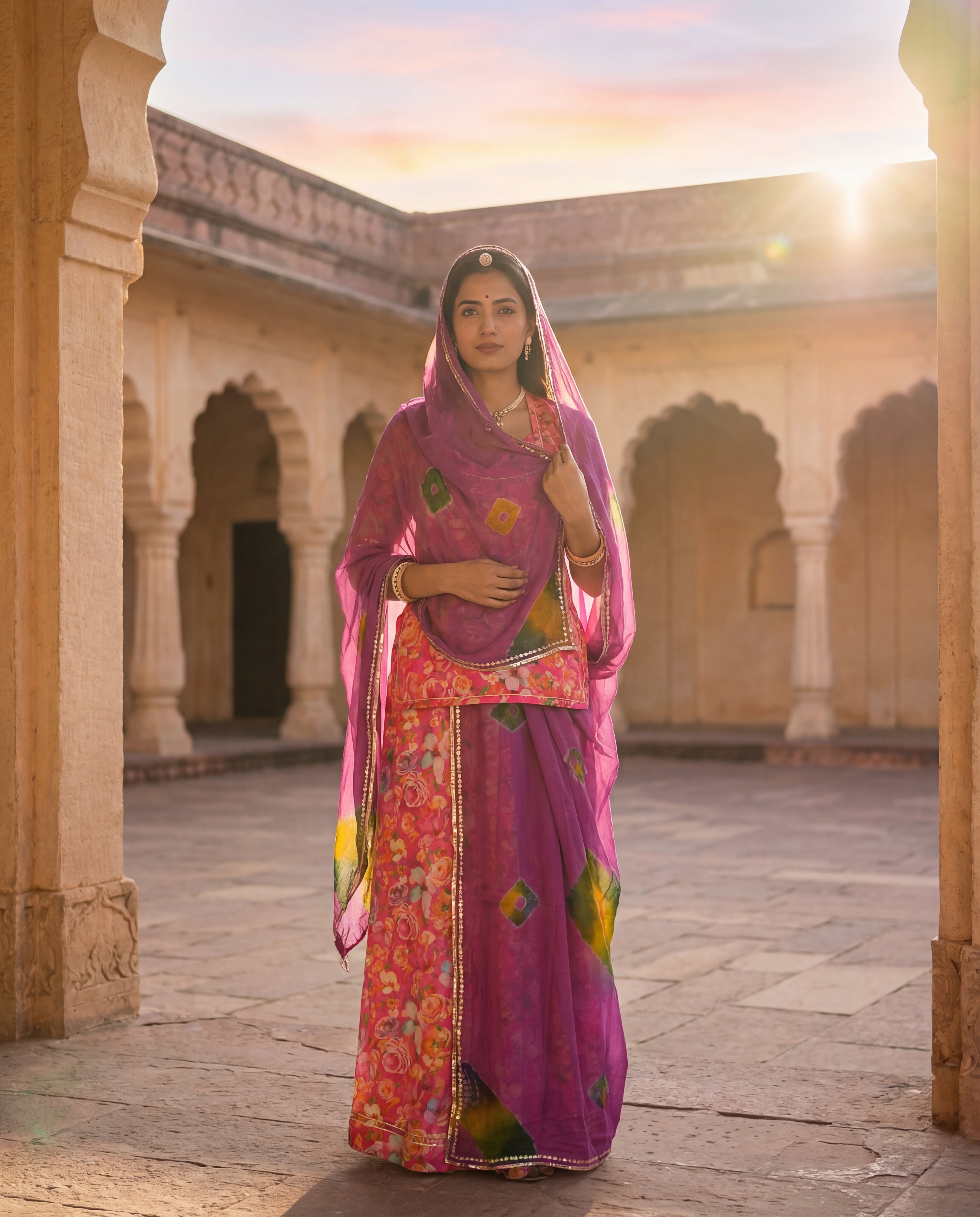 'Gul-Bahaar' - Vibrant Pink Floral Print Rajputi Suit Set + Contrast Purple Shibori Odhani