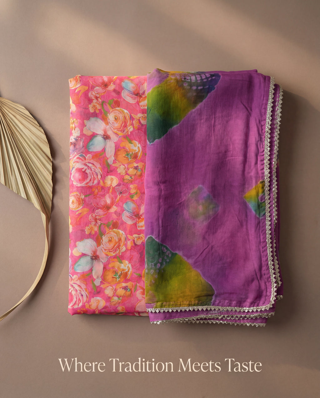 'Gul-Bahaar' - Vibrant Pink Floral Print Rajputi Suit Set + Contrast Purple Shibori Odhani