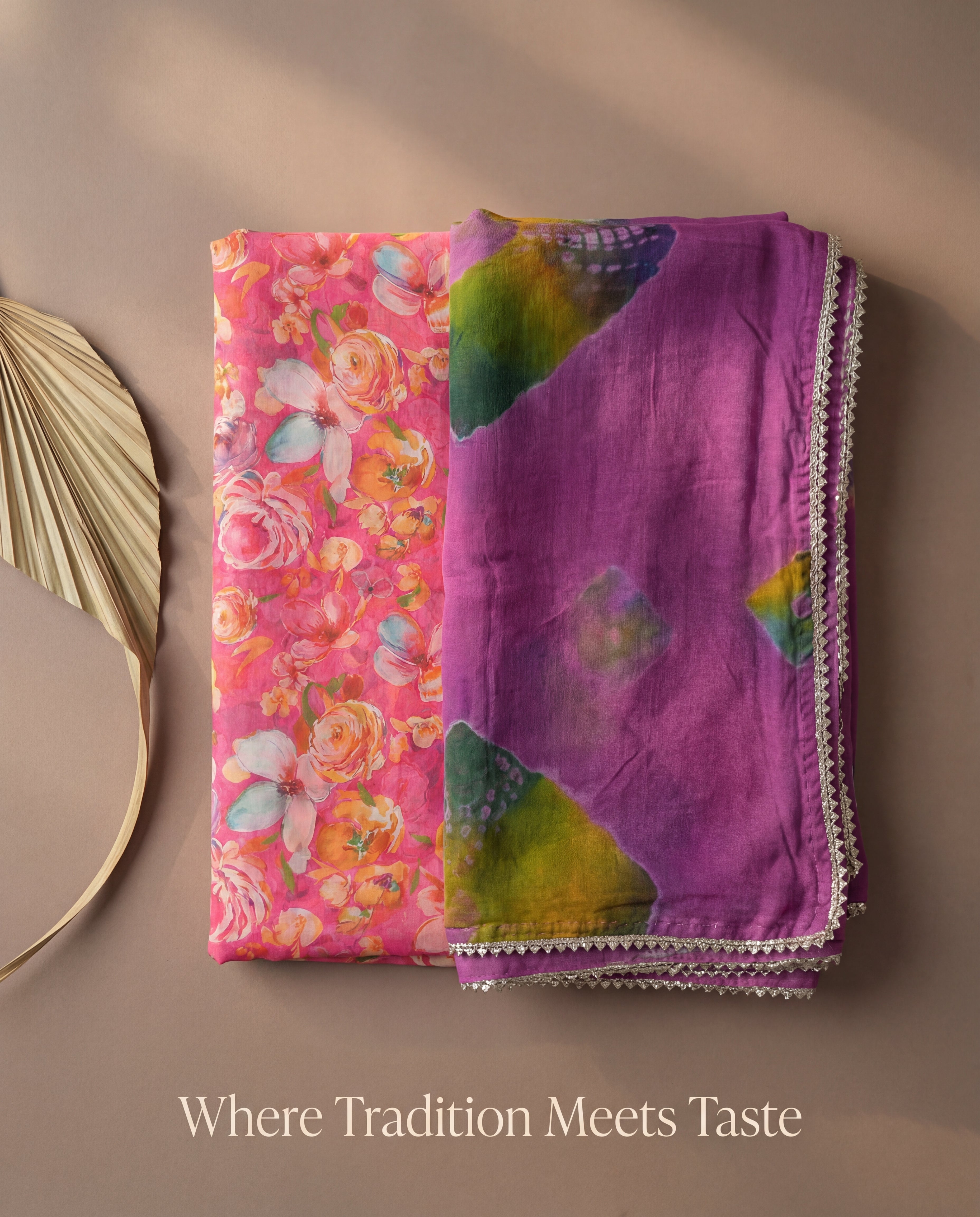 'Gul-Bahaar' - Vibrant Pink Floral Print Rajputi Suit Set + Contrast Purple Shibori Odhani