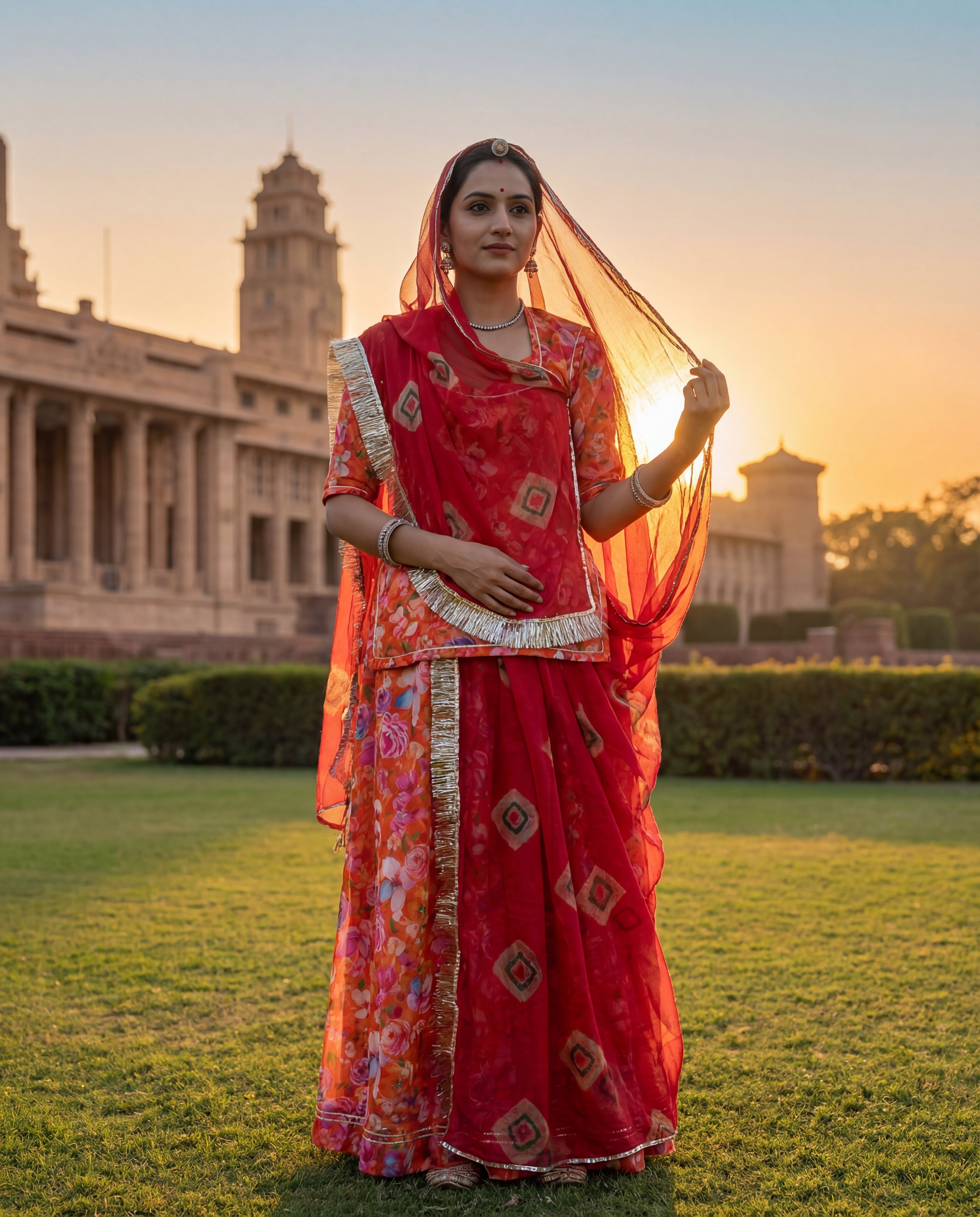 'Kesar' - Vibrant Orange Floral Rajputi Suit Set + Ruby Red Geometric Odhani