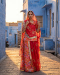 'Kesar' - Vibrant Orange Floral Rajputi Suit Set + Ruby Red Geometric Odhani