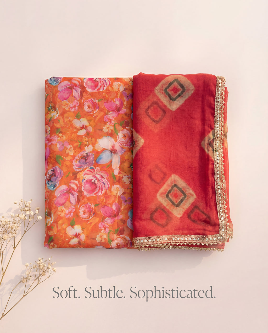 'Kesar' - Vibrant Orange Floral Rajputi Suit Set + Ruby Red Geometric Odhani