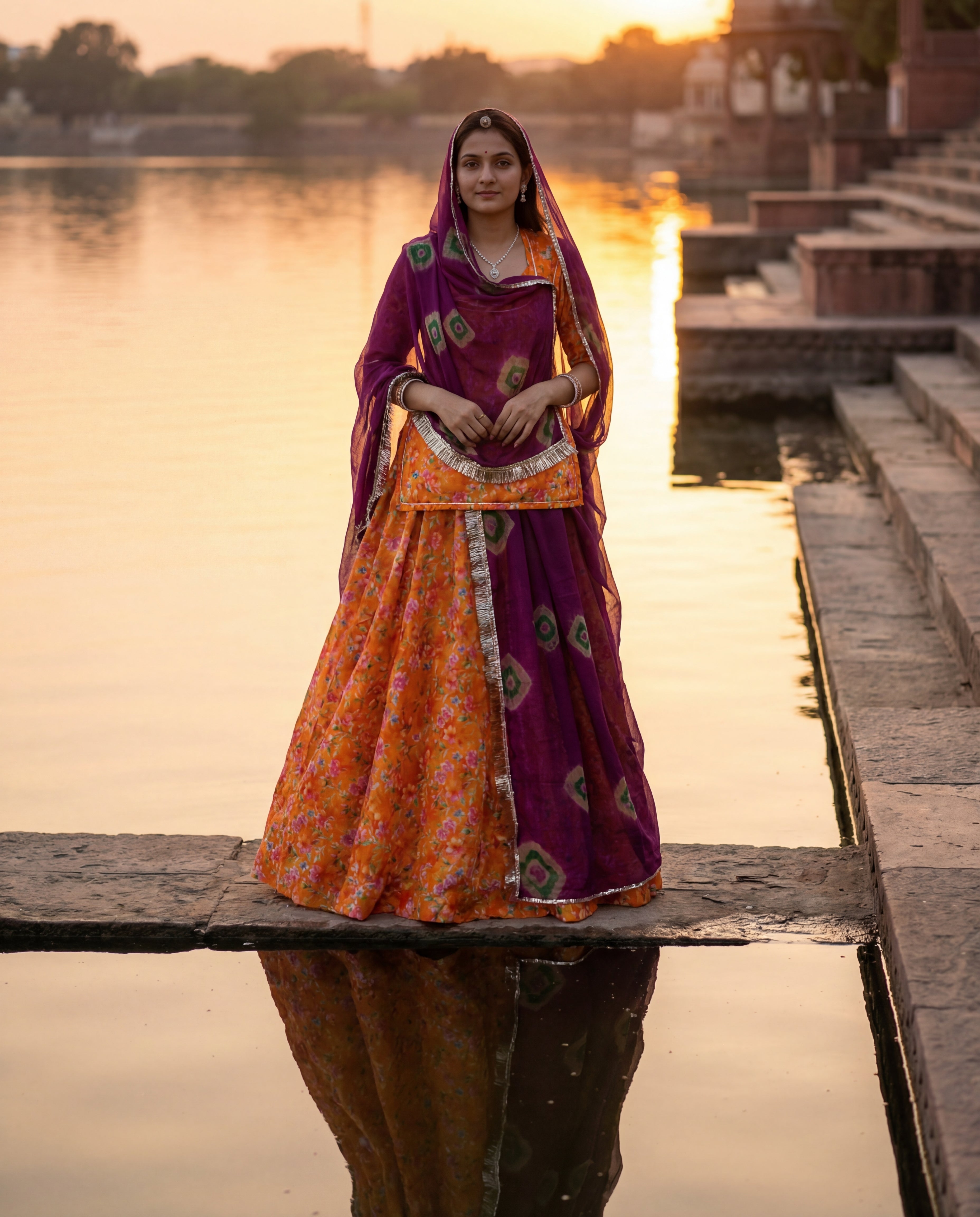'Kesariya Bagh' - Vibrant Orange Floral Rajputi Suit Set + Royal Purple Bandhani Odhani