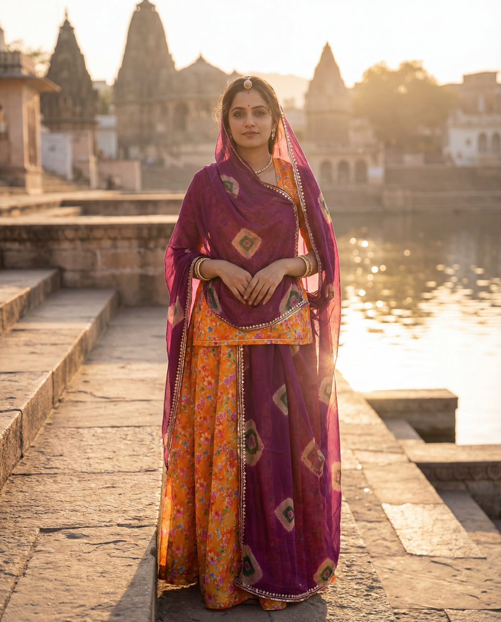'Kesariya Bagh' - Vibrant Orange Floral Rajputi Suit Set + Royal Purple Bandhani Odhani