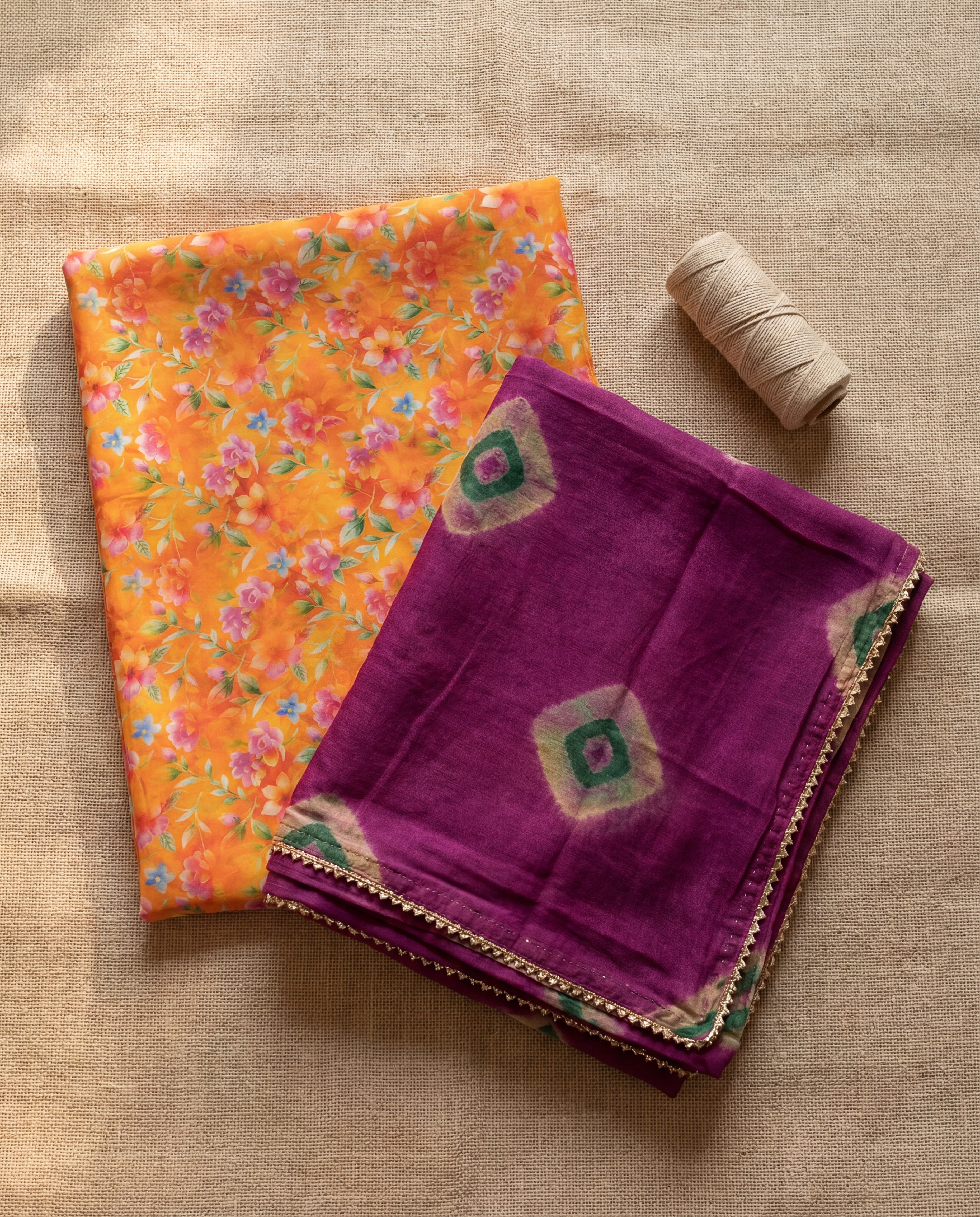 'Kesariya Bagh' - Vibrant Orange Floral Rajputi Suit Set + Royal Purple Bandhani Odhani